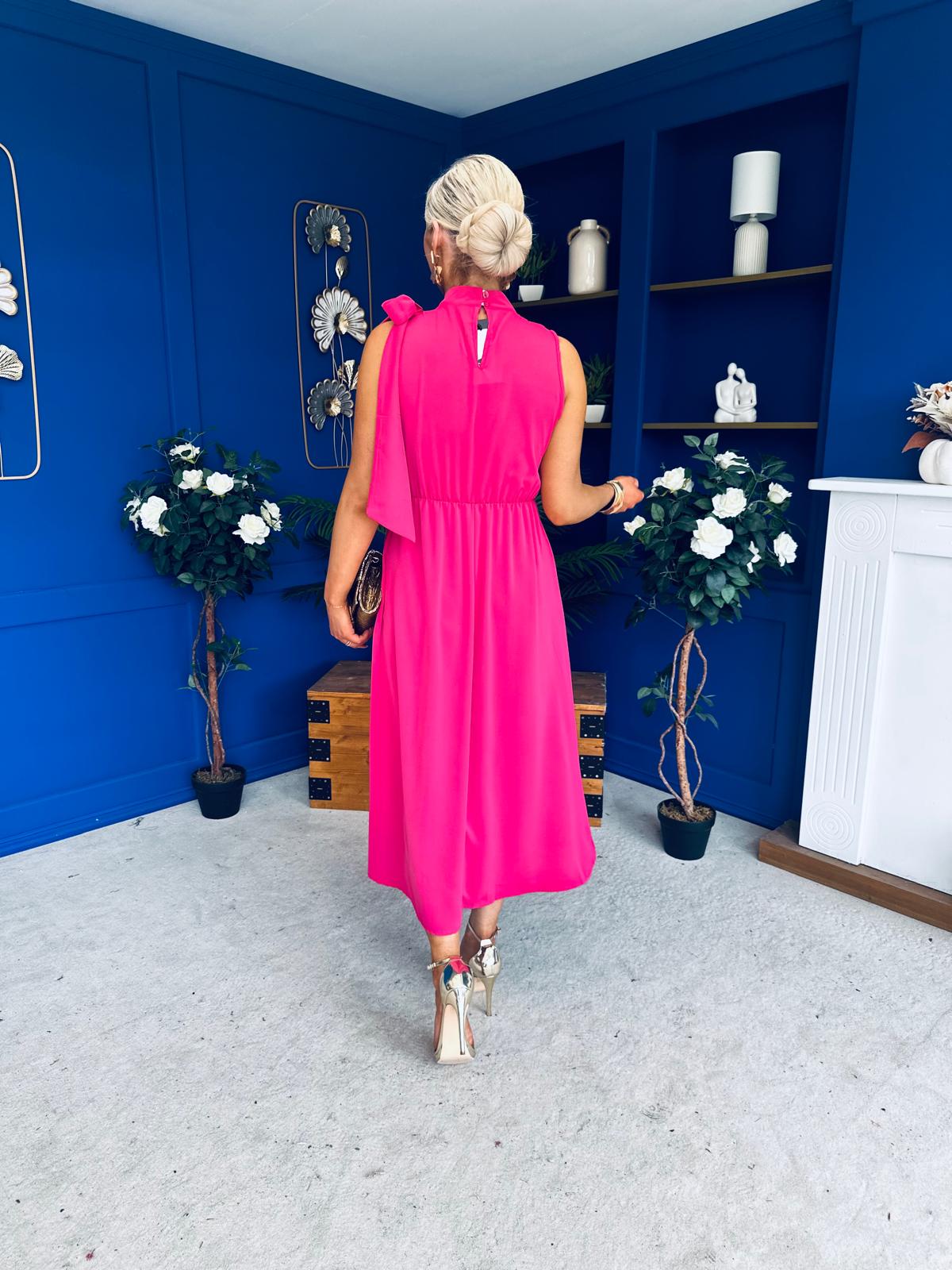 Joanna High Neck Bow Detail Midi Dress Fuchsia