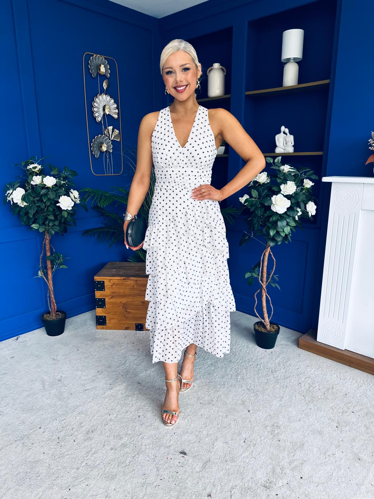 Cassia Layered Frill Midi Dress Polka White