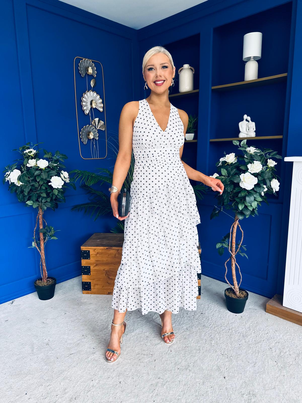 Cassia Layered Frill Midi Dress Polka White