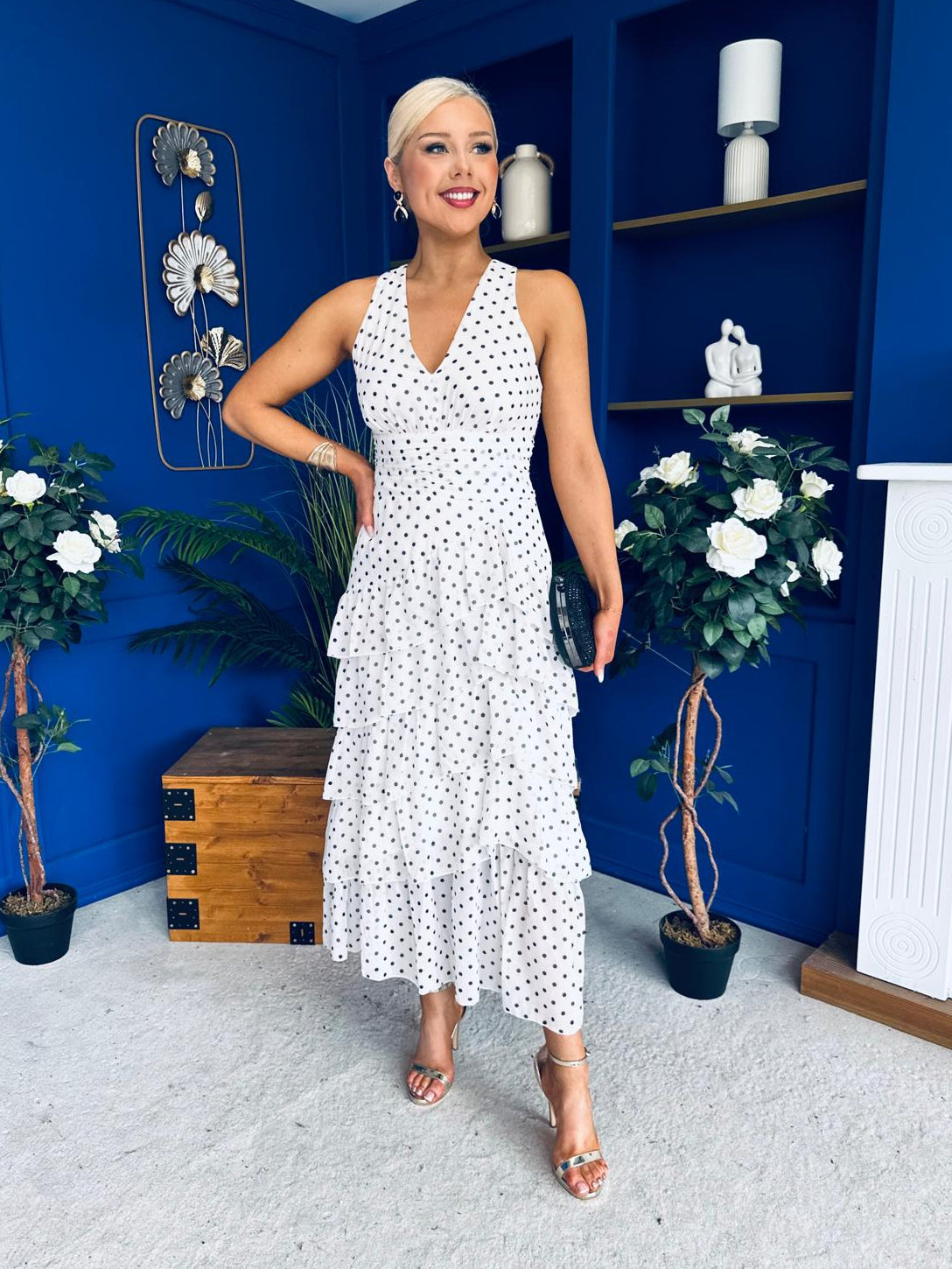 Cassia Layered Frill Midi Dress Polka White