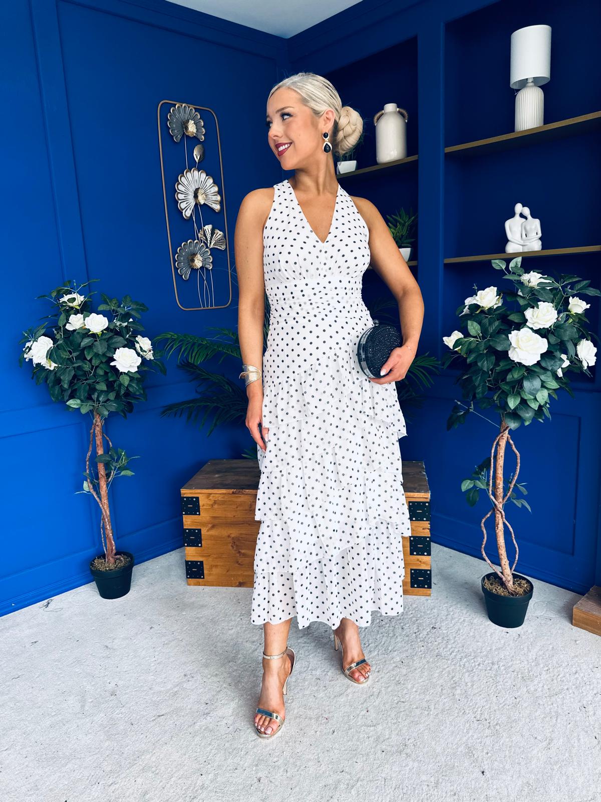 Cassia Layered Frill Midi Dress Polka White