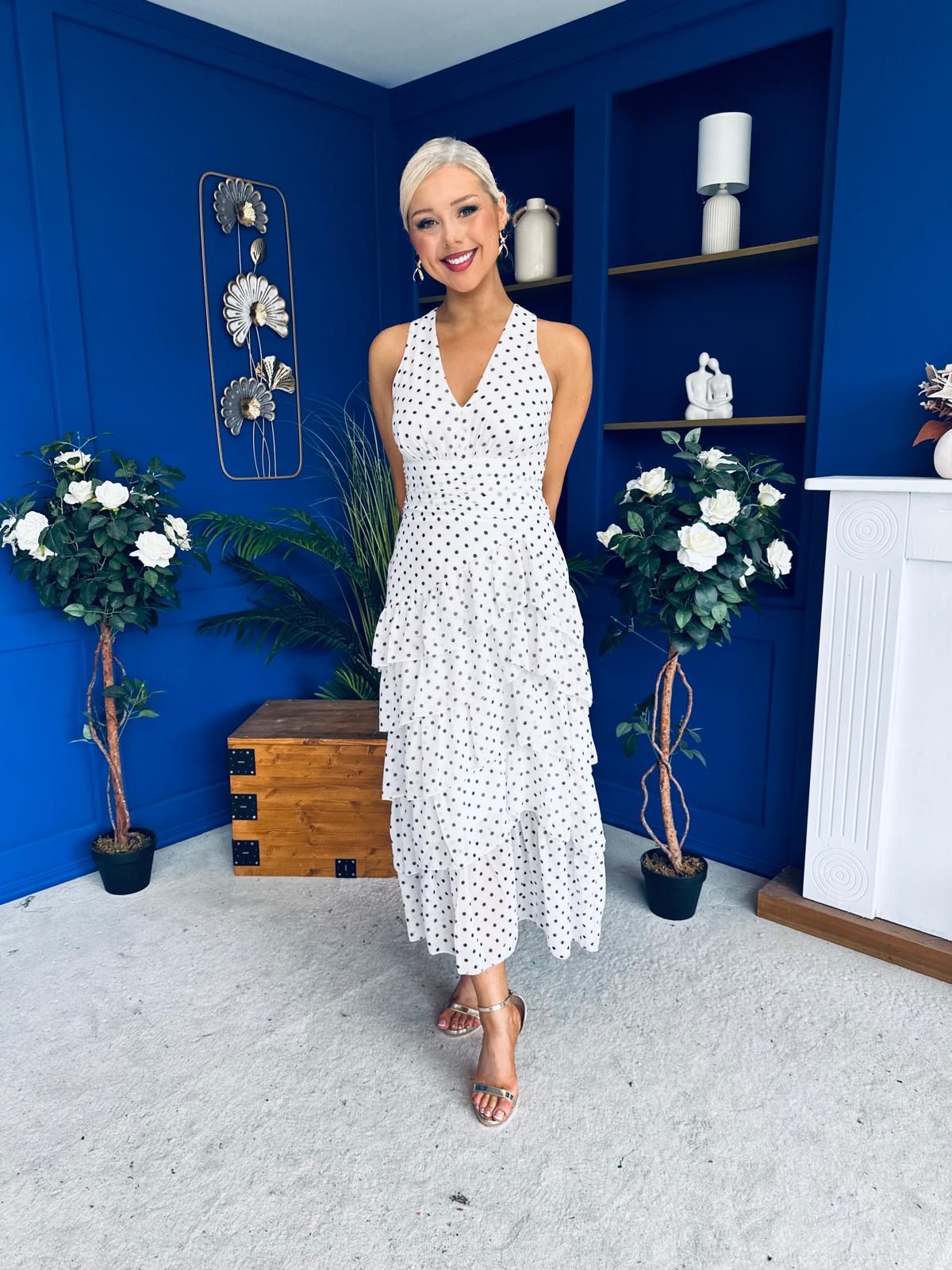 Cassia Layered Frill Midi Dress Polka White