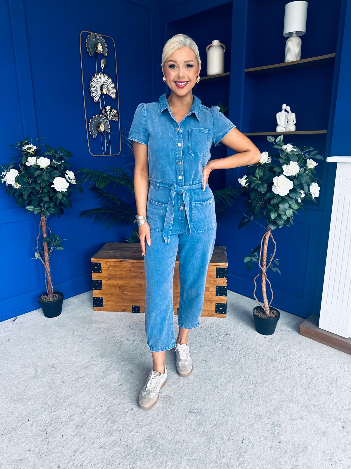 Marissa Short Sleeve Denim Jumpsuit Blue PRE ORDER Arriving 8 July