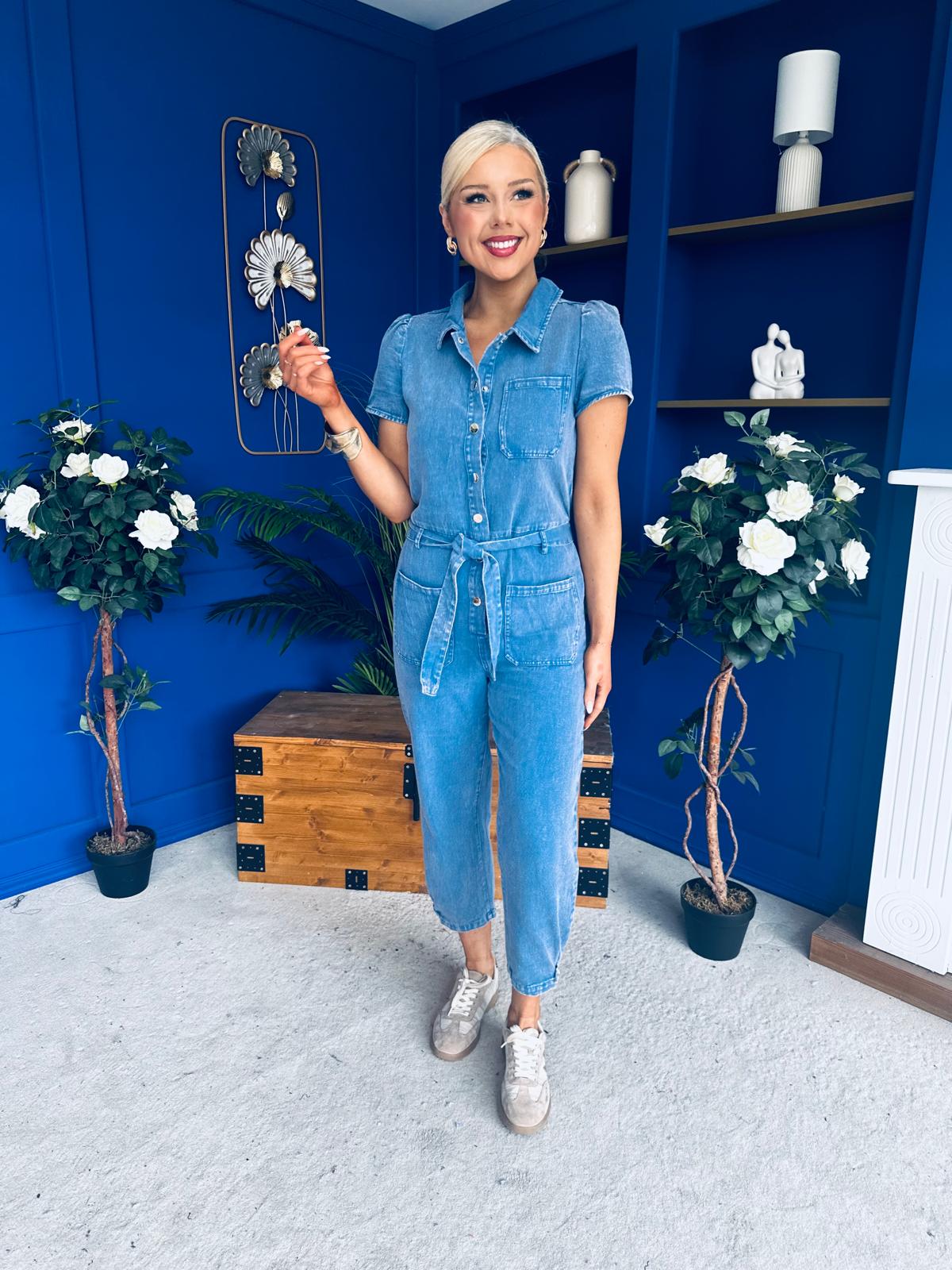 Marissa Short Sleeve Denim Jumpsuit Blue PRE ORDER Arriving 8 July