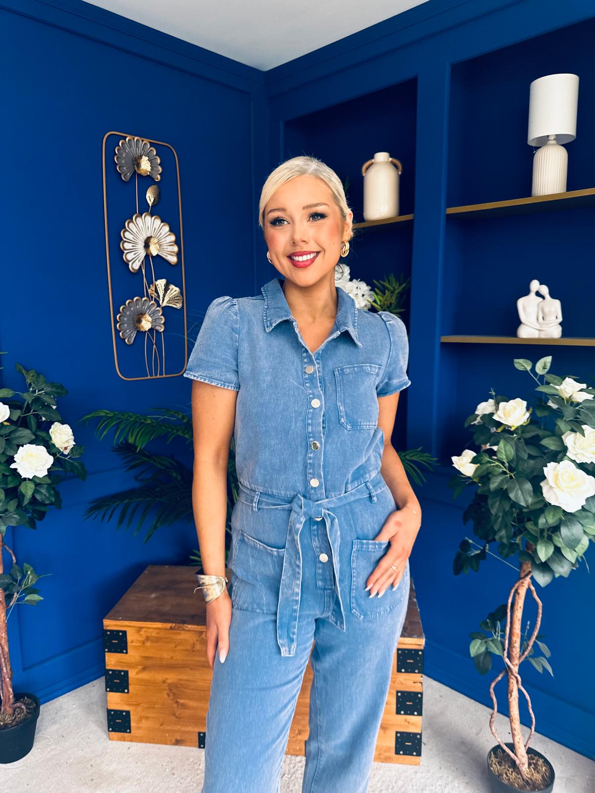 Marissa Short Sleeve Denim Jumpsuit Blue PRE ORDER Arriving 8 July