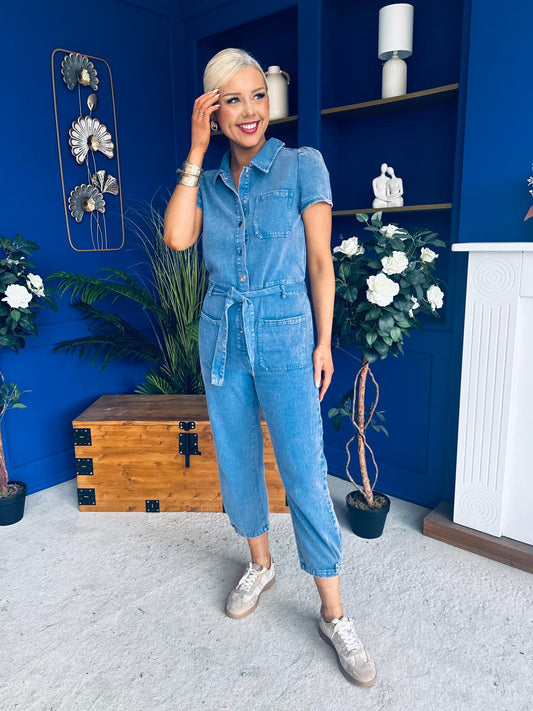 Marissa Short Sleeve Denim Jumpsuit Blue