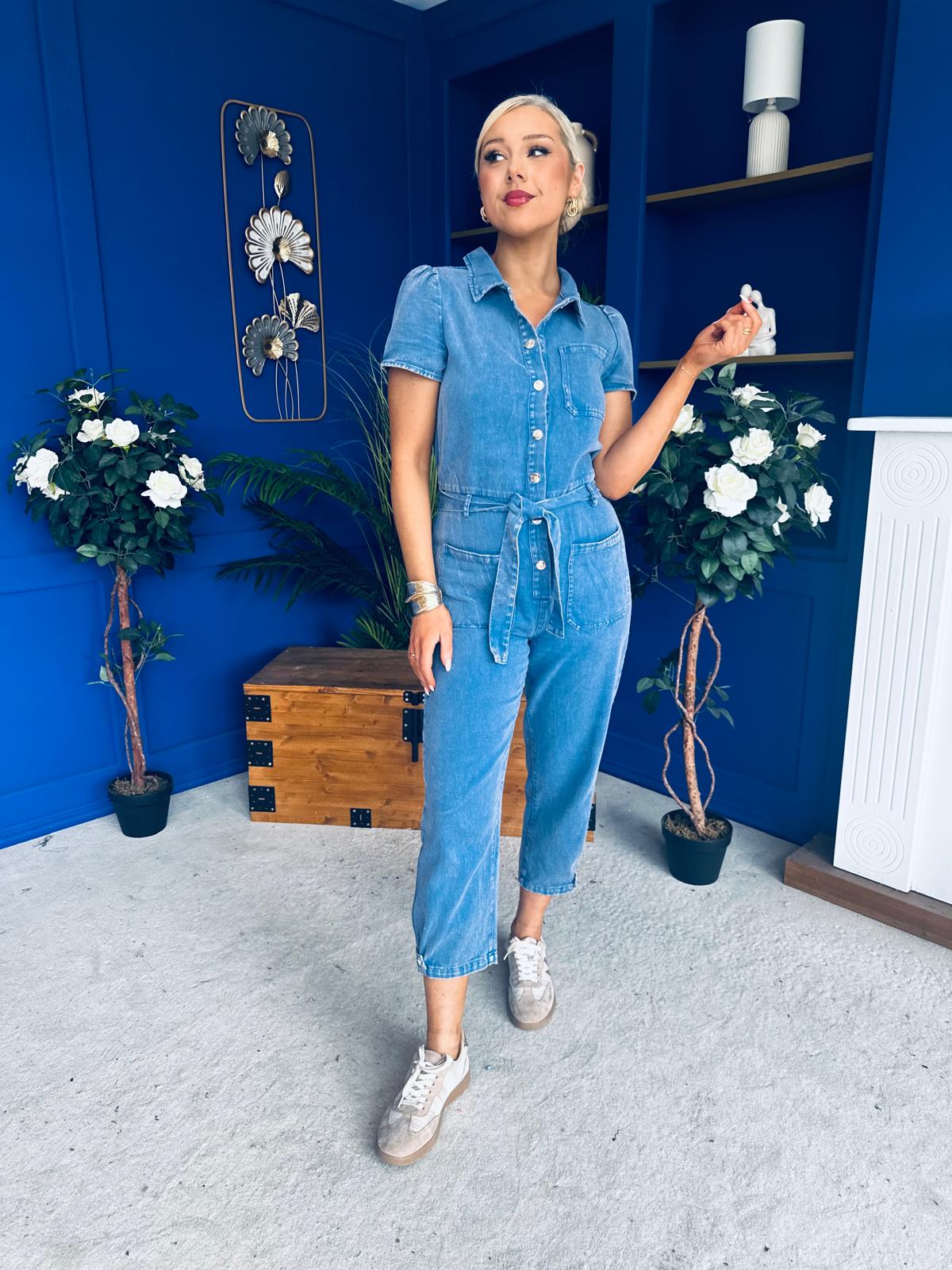 Marissa Short Sleeve Denim Jumpsuit Blue PRE ORDER Arriving 8 July