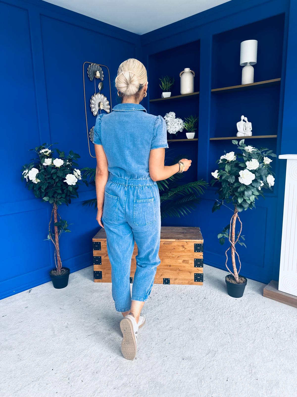 Marissa Short Sleeve Denim Jumpsuit Blue PRE ORDER Arriving 8 July