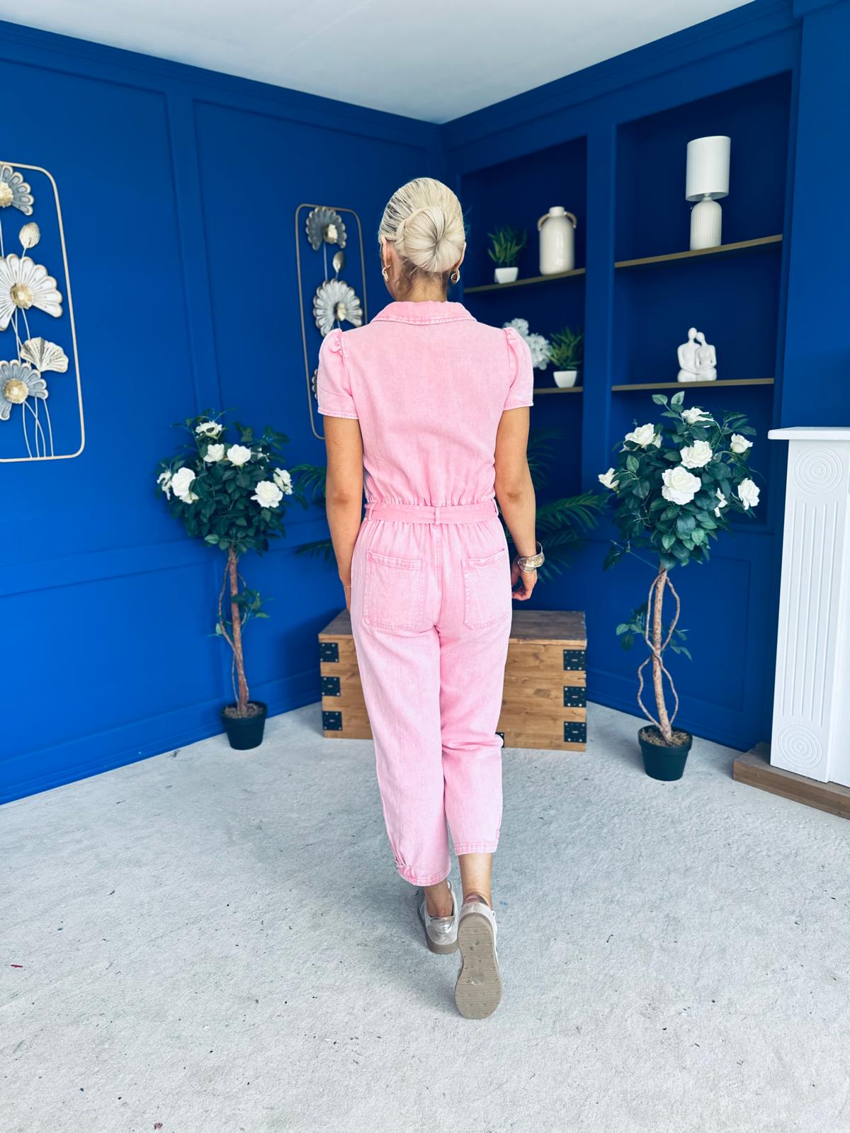 Marissa Short Sleeve Denim Jumpsuit Pwr Pink PRE ORDER Arriving 18 March