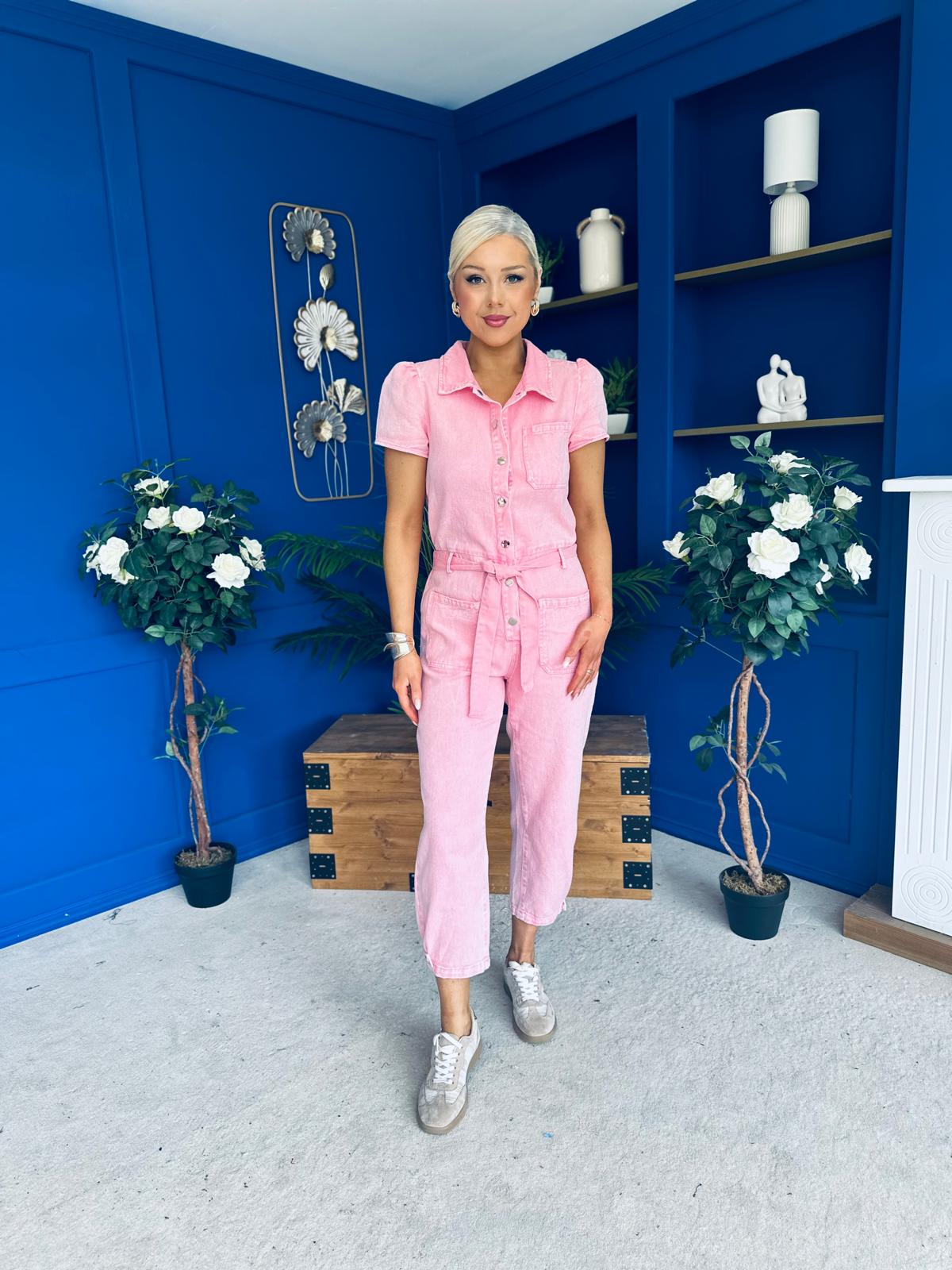 Marissa Short Sleeve Denim Jumpsuit Pwr Pink PRE ORDER Arriving 18 March