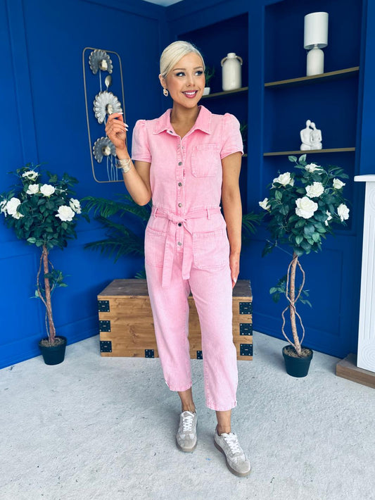 Marissa Short Sleeve Denim Jumpsuit Pwr Pink