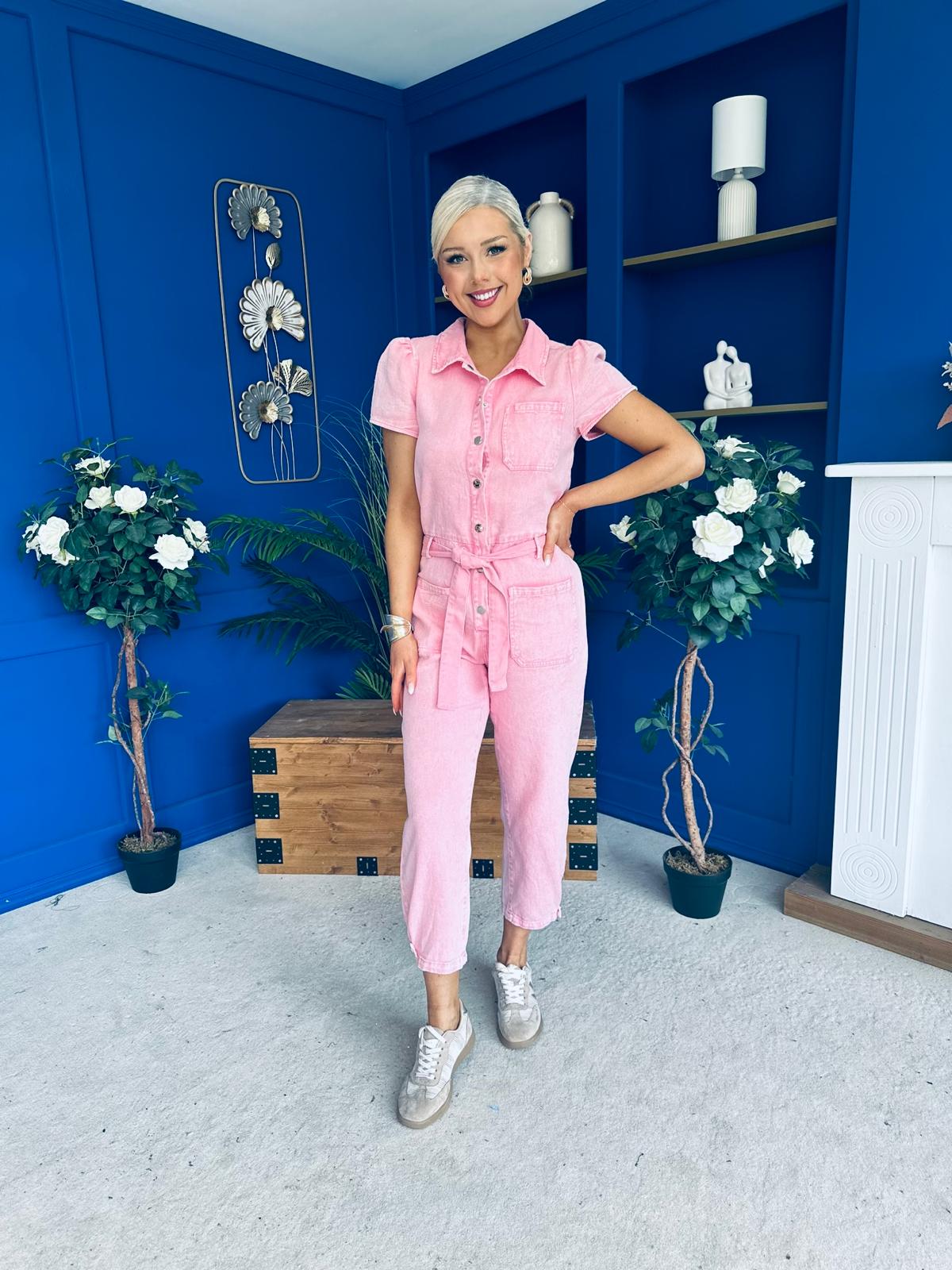 Marissa Short Sleeve Denim Jumpsuit Pwr Pink PRE ORDER Arriving 18 March