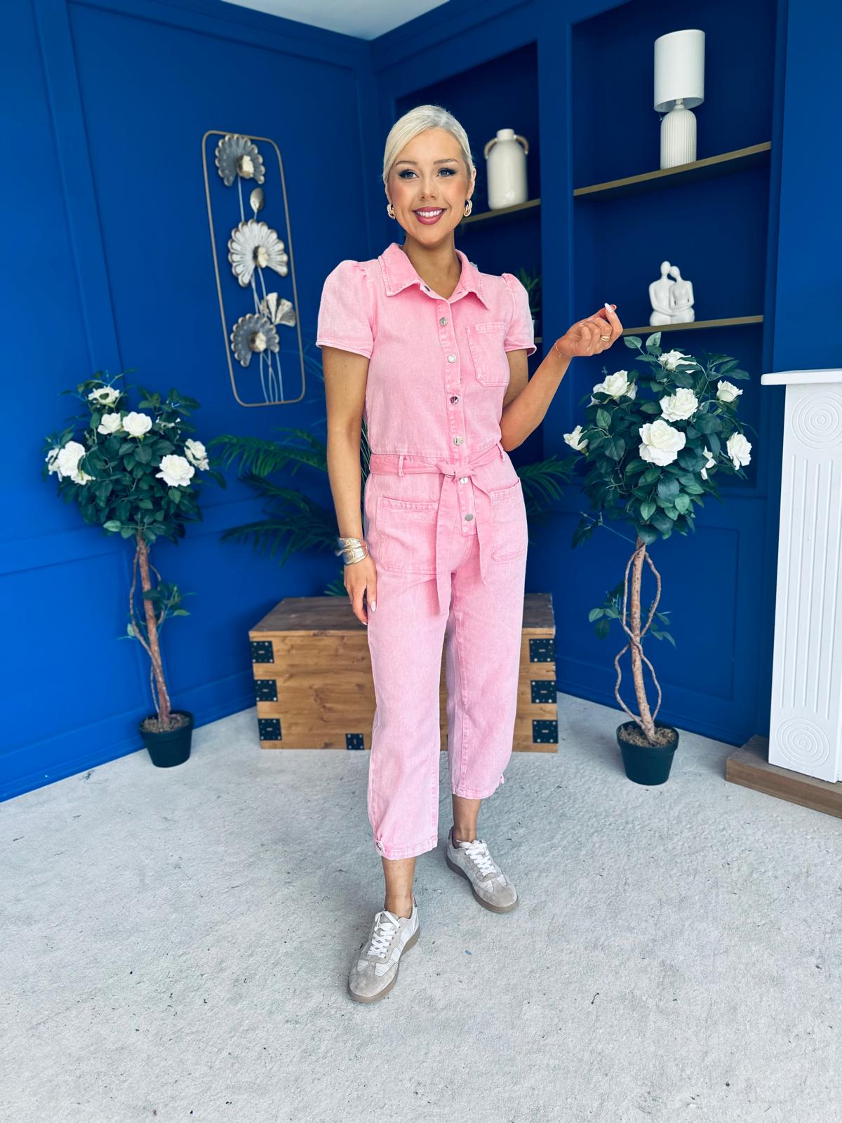 Marissa Short Sleeve Denim Jumpsuit Pwr Pink PRE ORDER Arriving 18 March