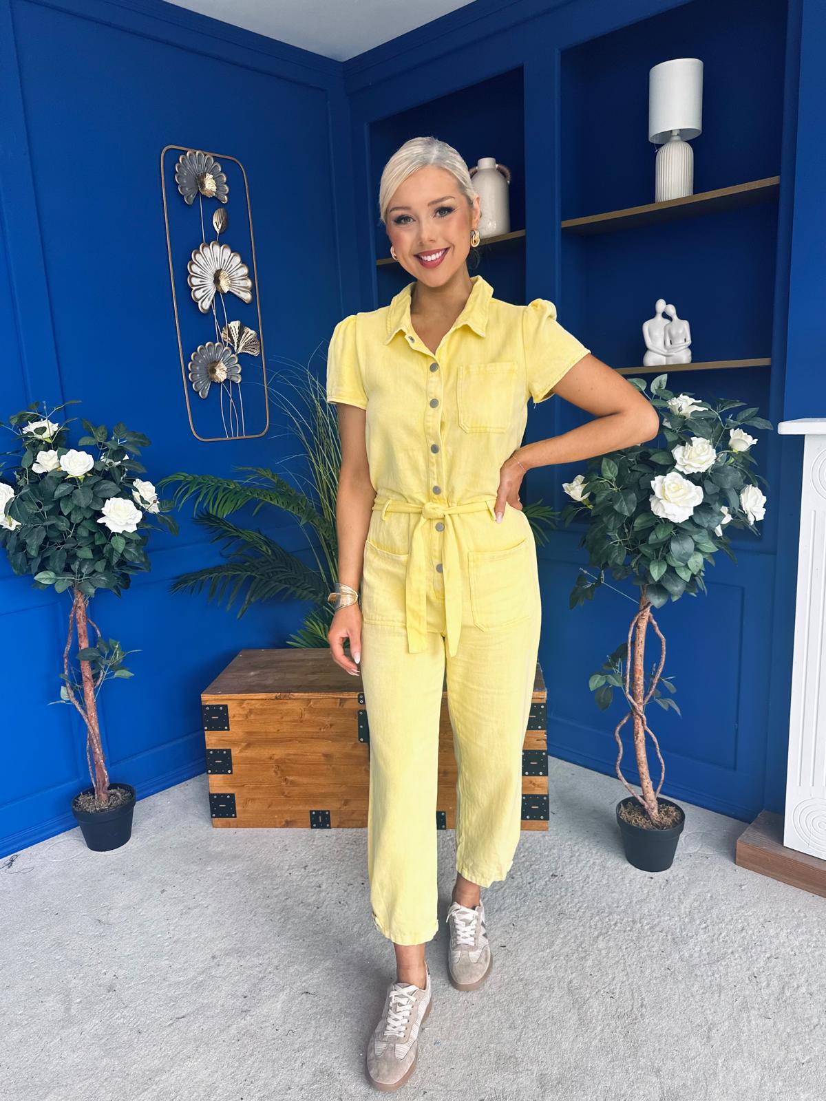 Marissa Short Sleeve Denim Jumpsuit Yellow