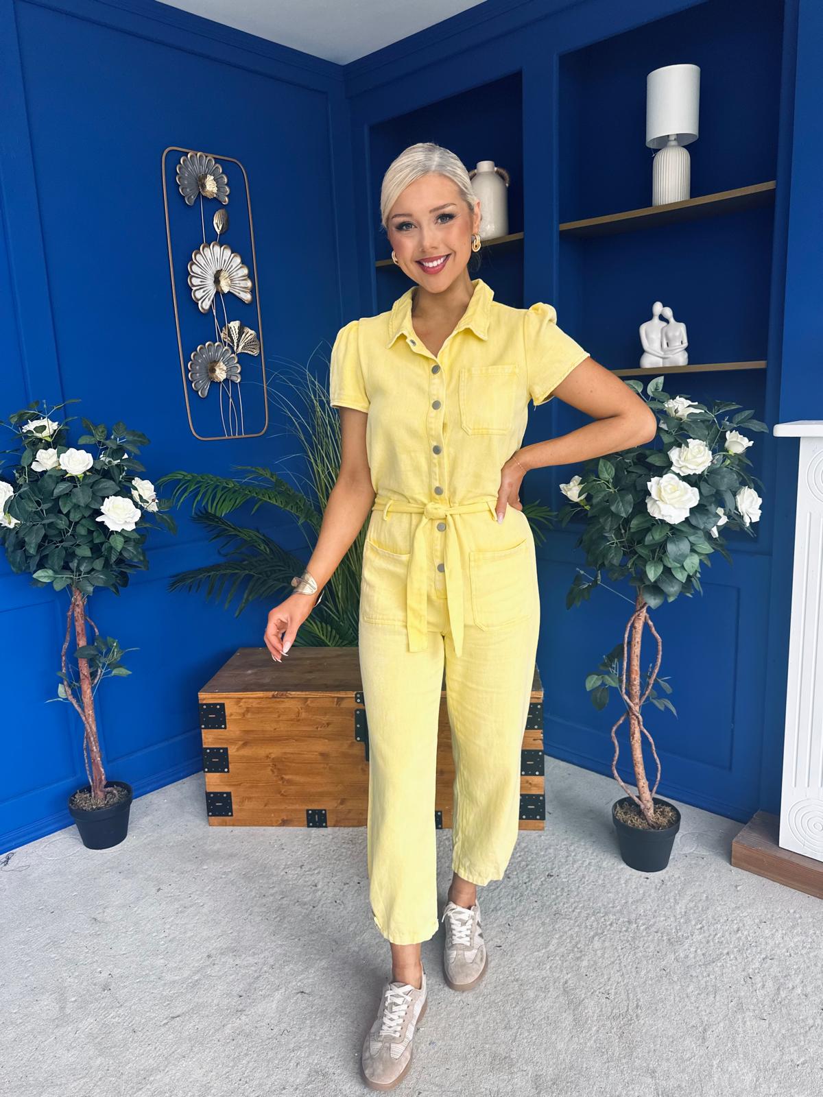 Marissa Short Sleeve Denim Jumpsuit Yellow
