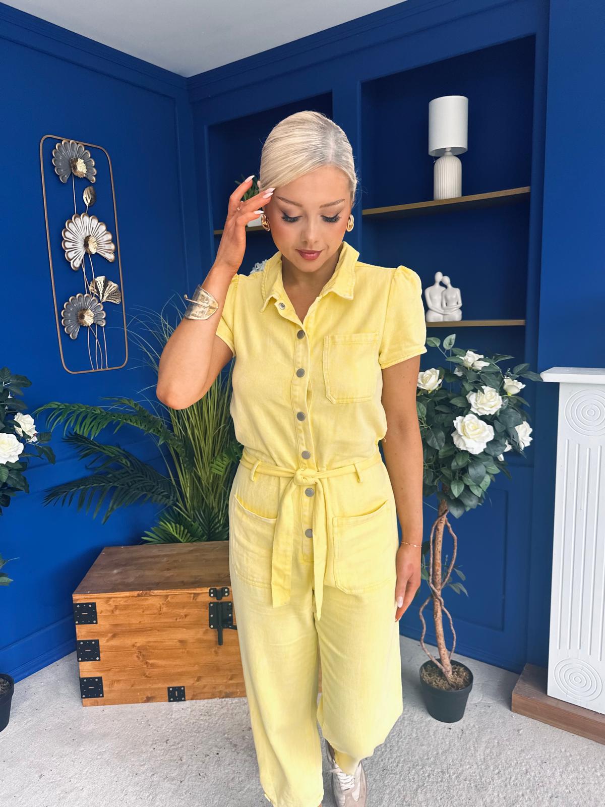 Marissa Short Sleeve Denim Jumpsuit Yellow
