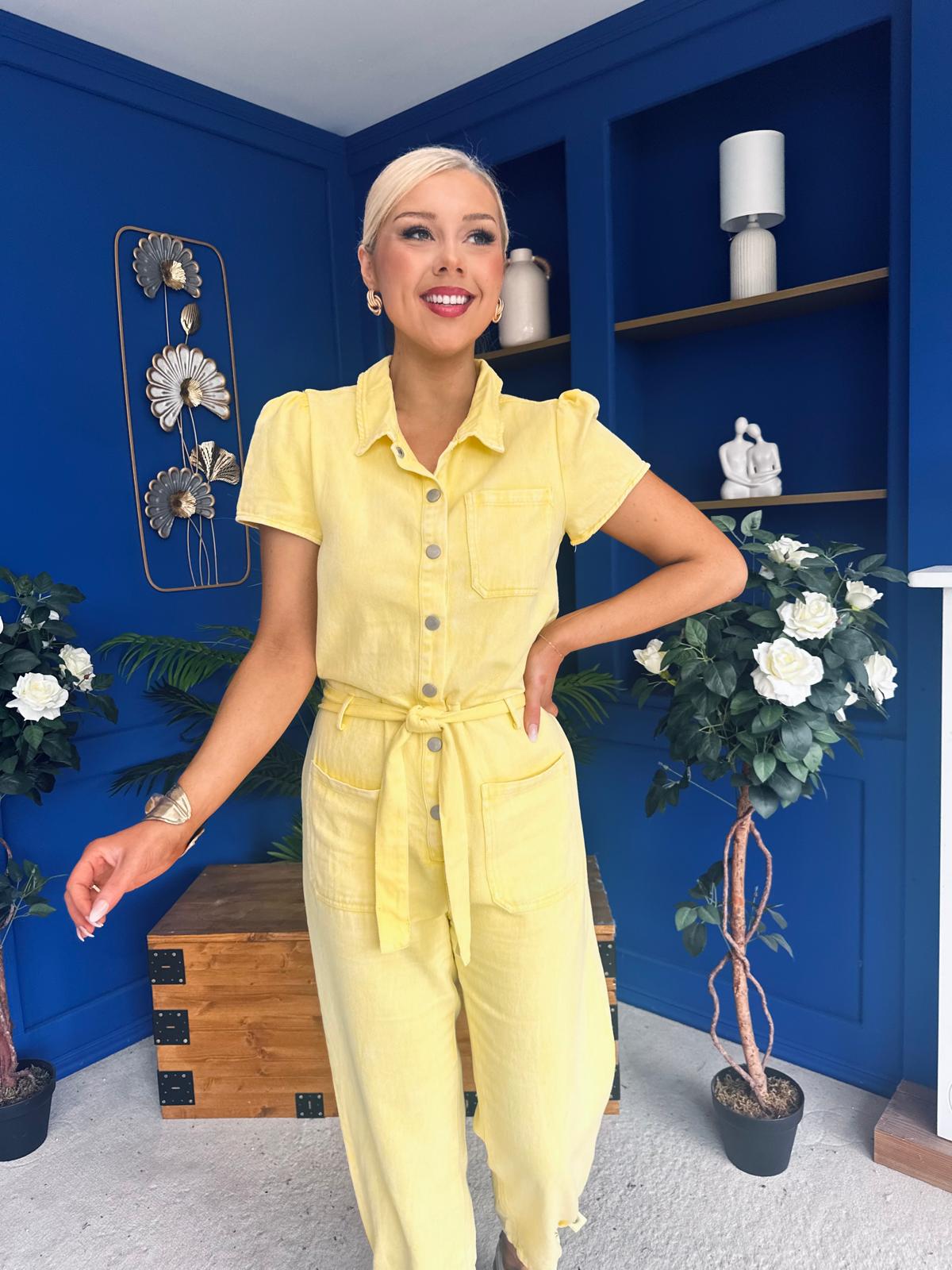 Marissa Short Sleeve Denim Jumpsuit Yellow