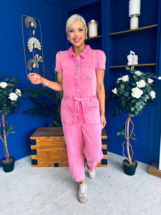 Marissa Short Sleeve Denim Jumpsuit Cerise