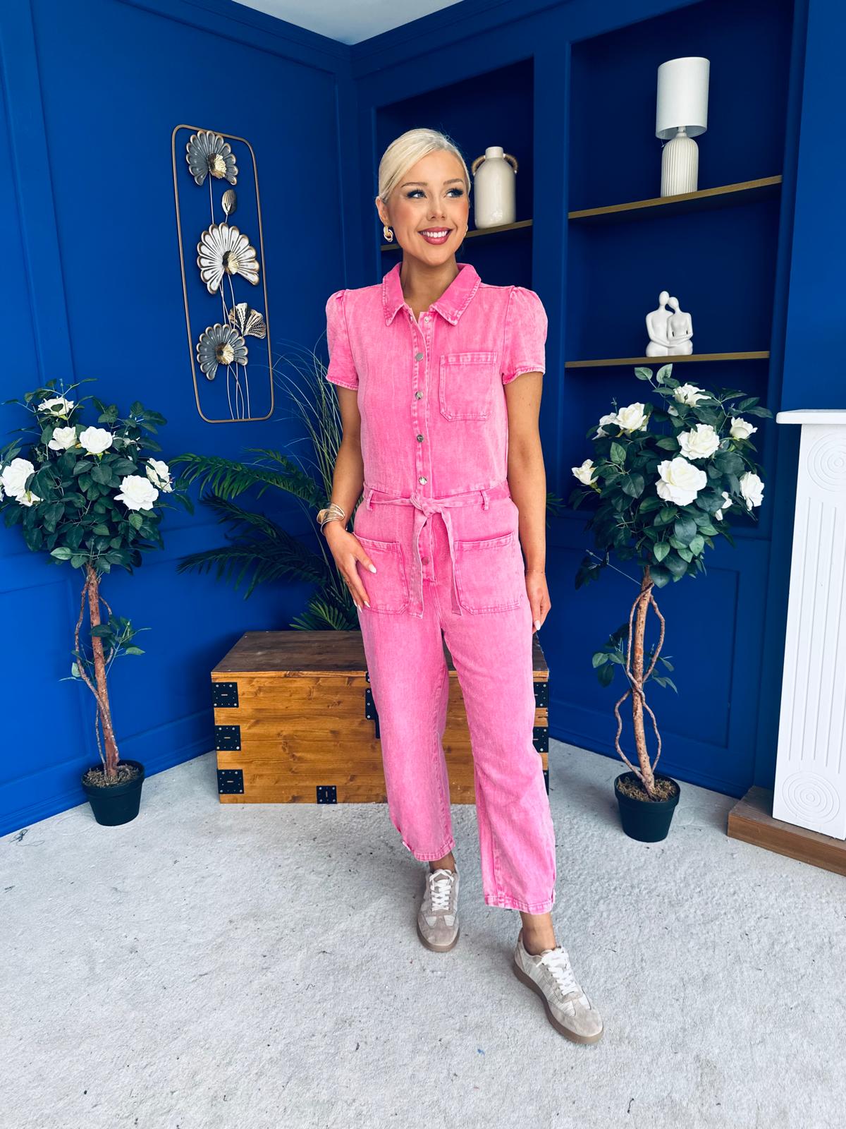 Marissa Short Sleeve Denim Jumpsuit Cerise