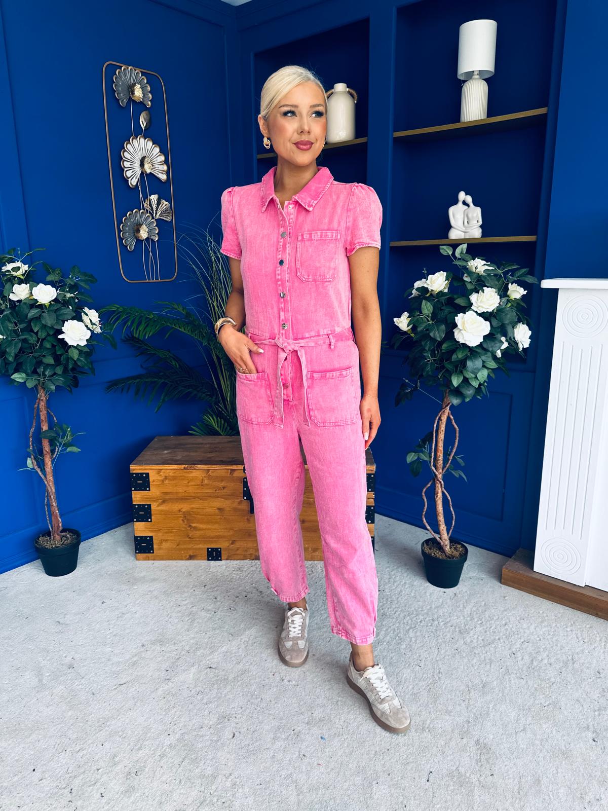 Marissa Short Sleeve Denim Jumpsuit Cerise