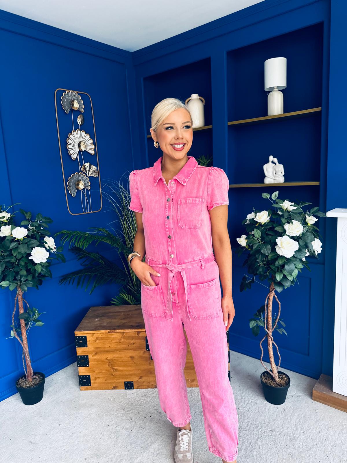 Marissa Short Sleeve Denim Jumpsuit Cerise – Canella Lane
