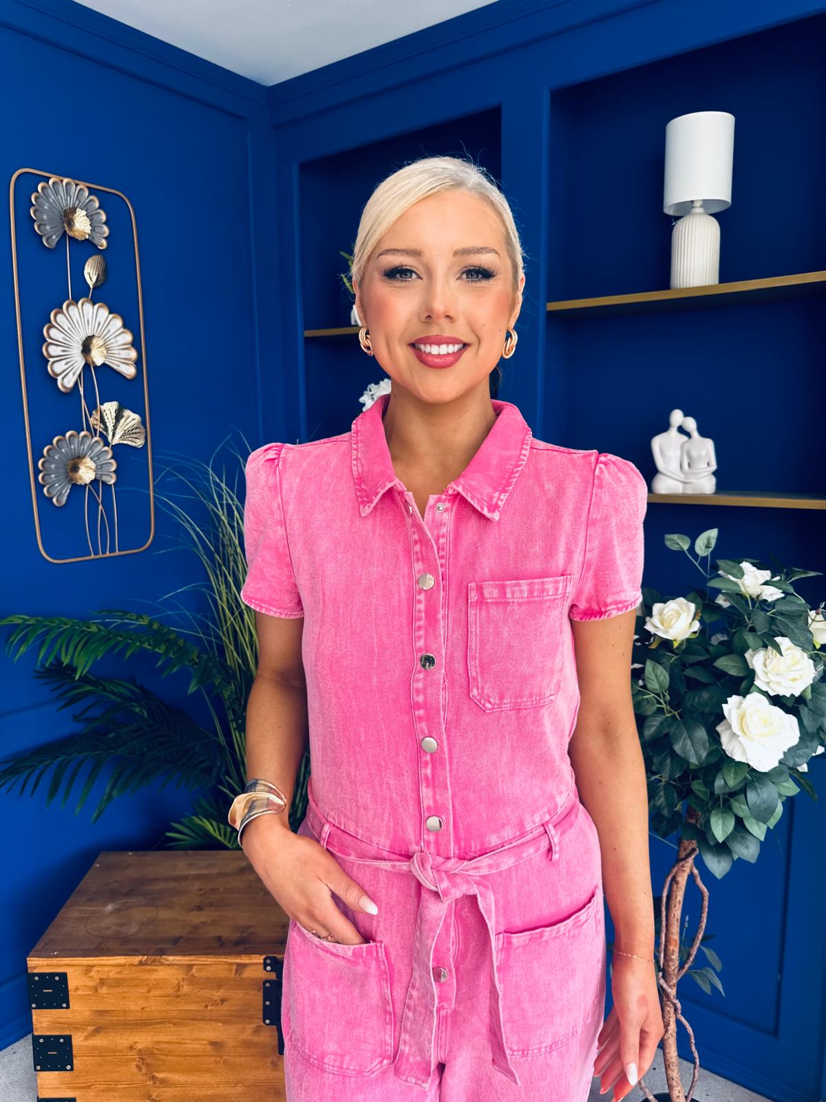 Marissa Short Sleeve Denim Jumpsuit Cerise