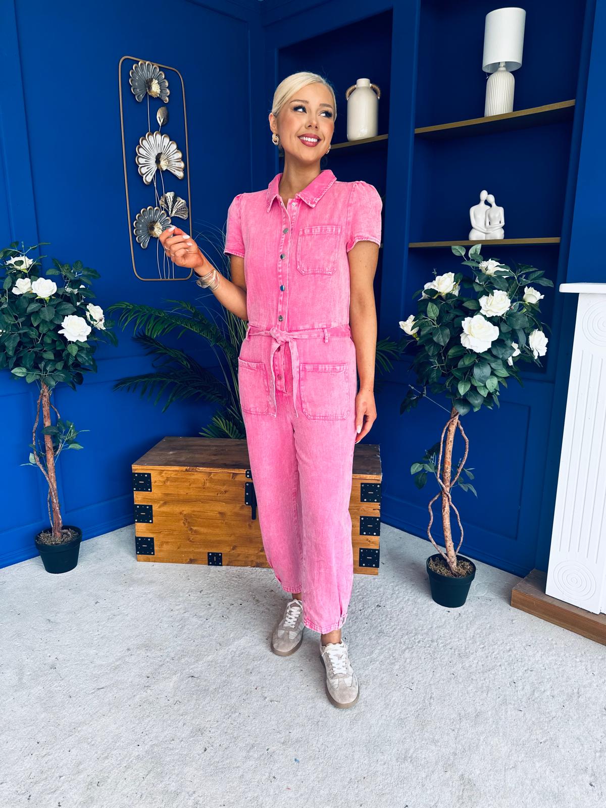 Marissa Short Sleeve Denim Jumpsuit Cerise
