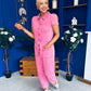 Marissa Short Sleeve Denim Jumpsuit Cerise