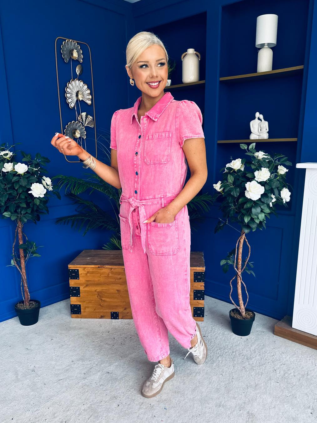 Marissa Short Sleeve Denim Jumpsuit Cerise