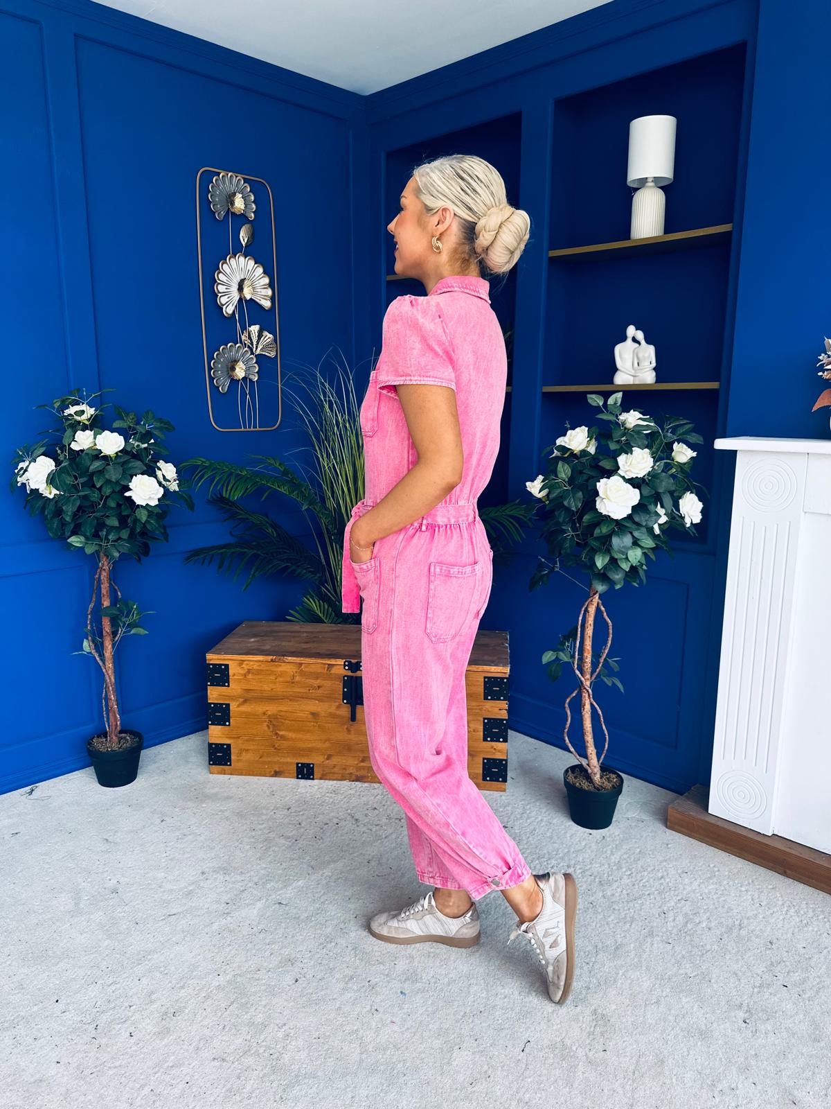 Marissa Short Sleeve Denim Jumpsuit Cerise