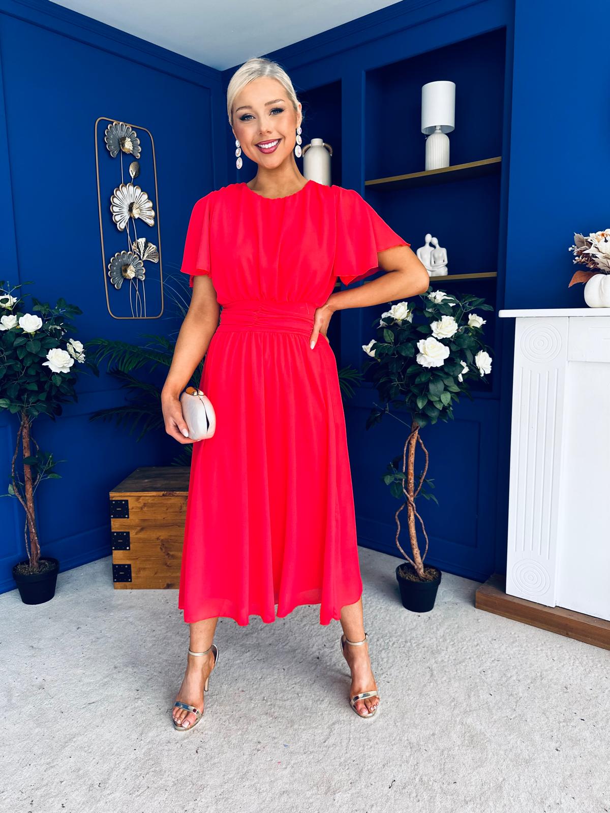 Aoibhinn Gathered Detail Midi Dress Coral