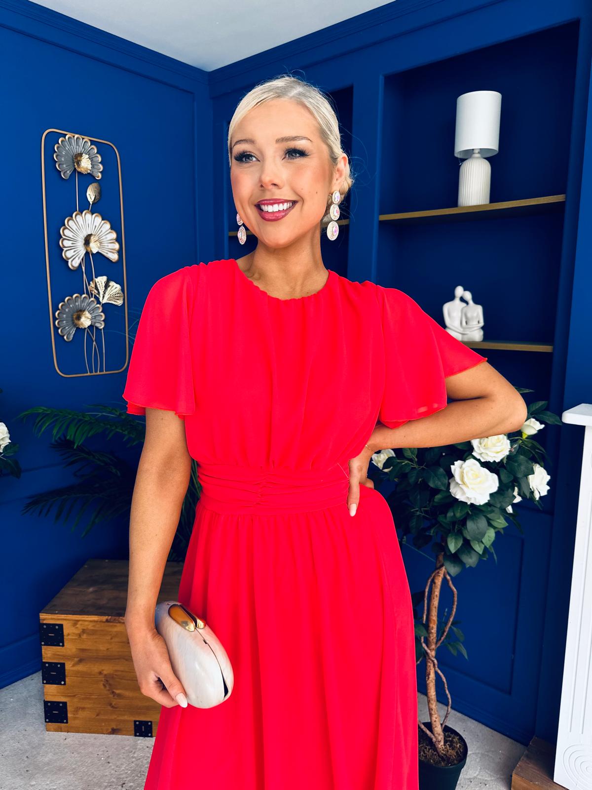 Aoibhinn Gathered Detail Midi Dress Coral