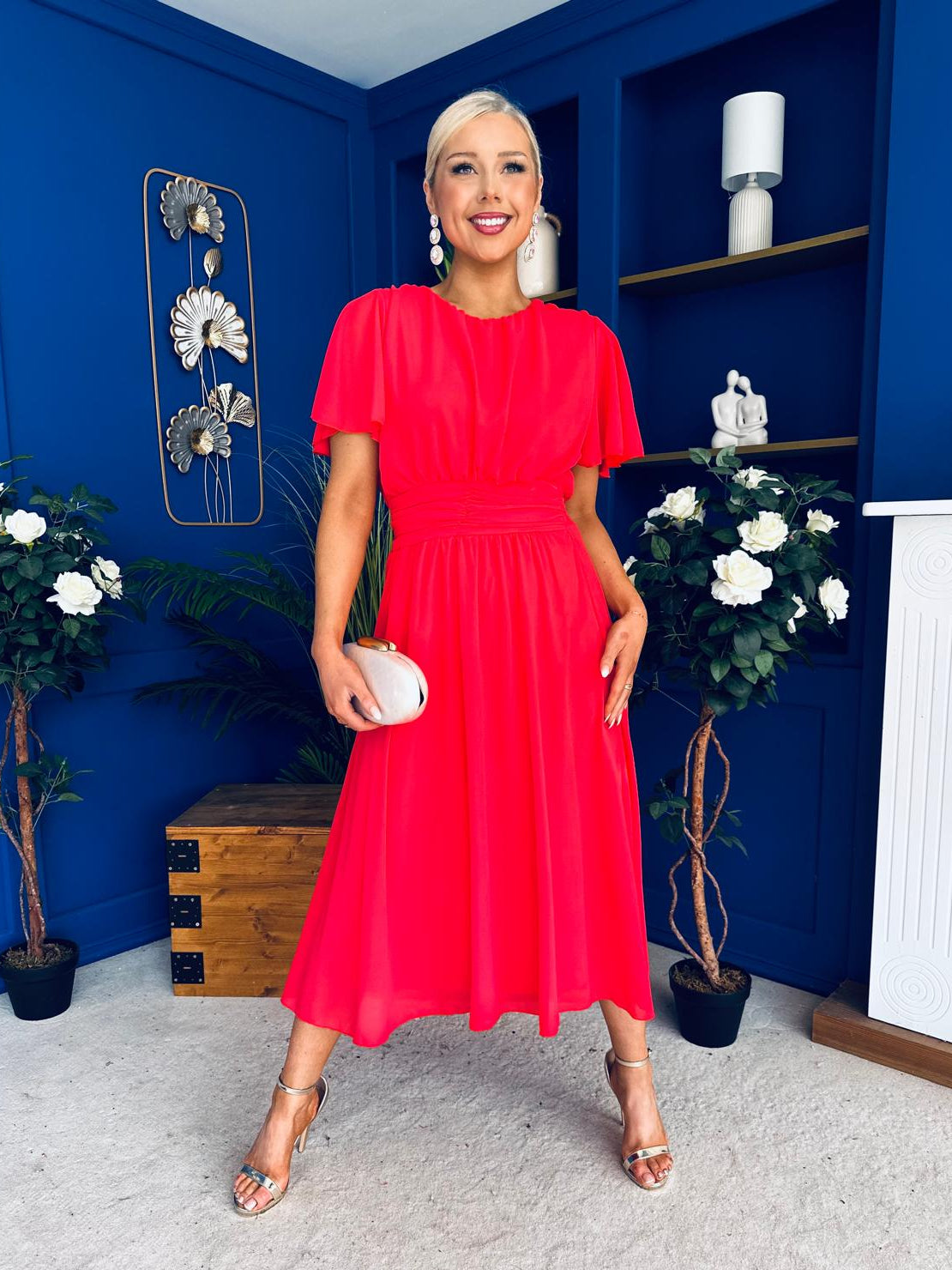 Aoibhinn Gathered Detail Midi Dress Coral