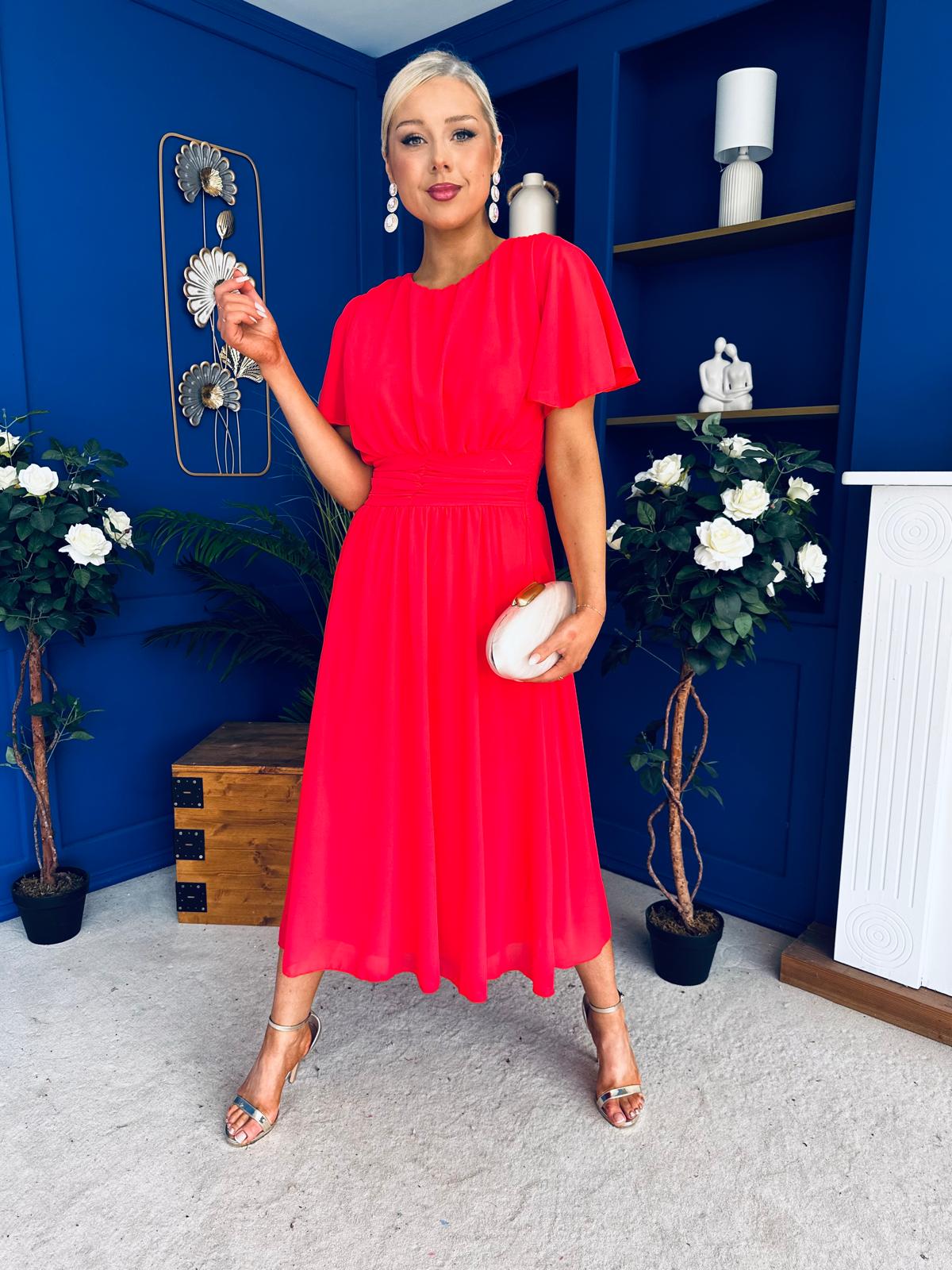 Aoibhinn Gathered Detail Midi Dress Coral