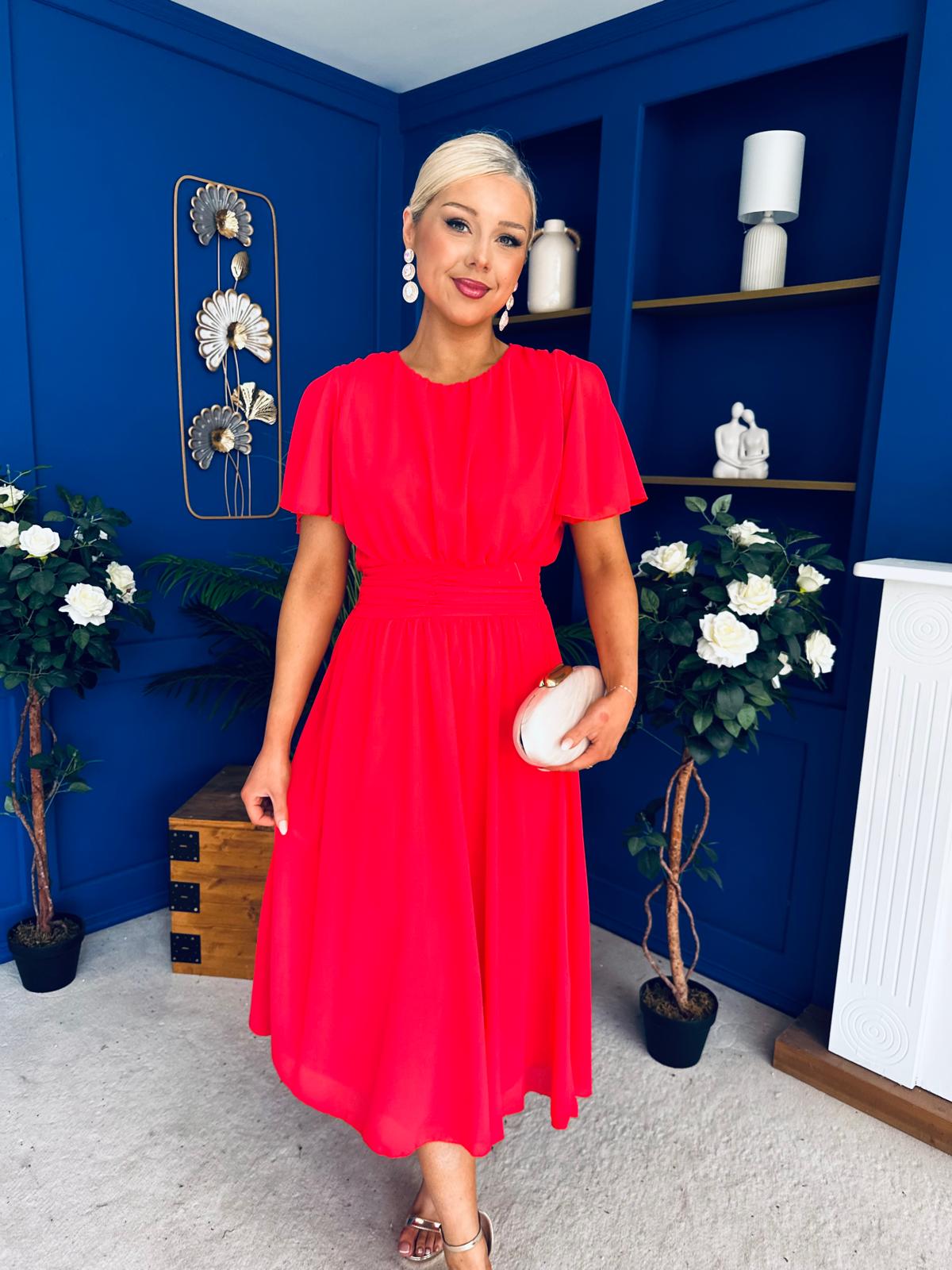 Aoibhinn Gathered Detail Midi Dress Coral