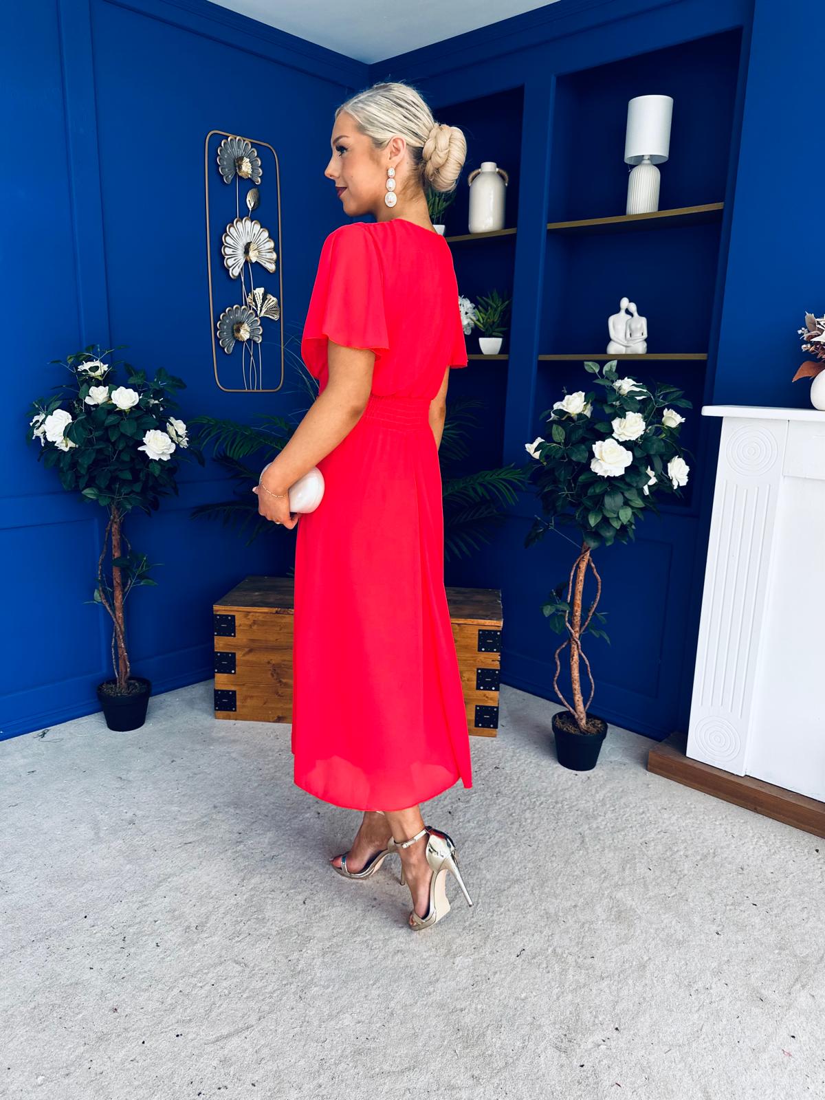 Aoibhinn Gathered Detail Midi Dress Coral