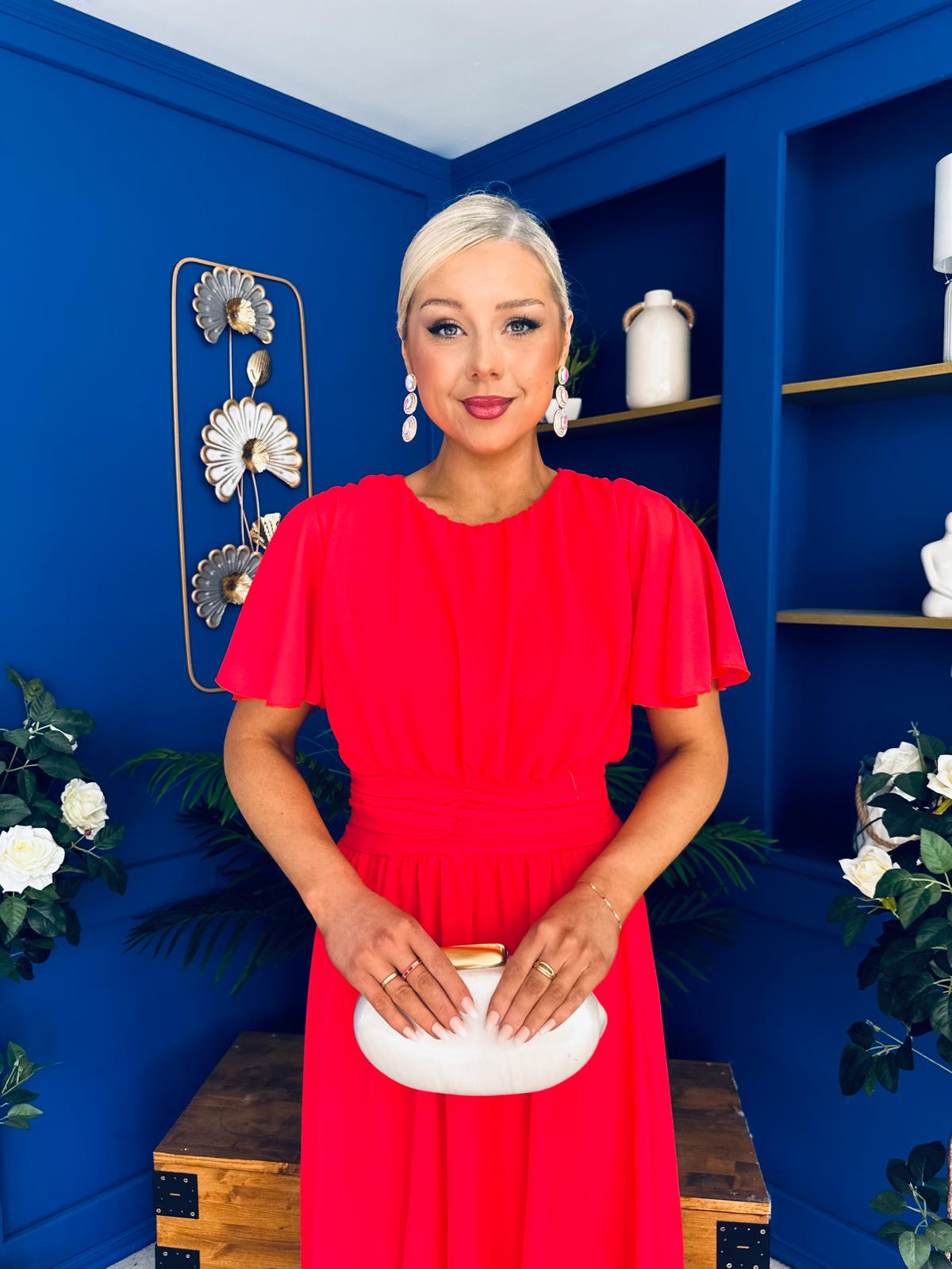 Aoibhinn Gathered Detail Midi Dress Coral