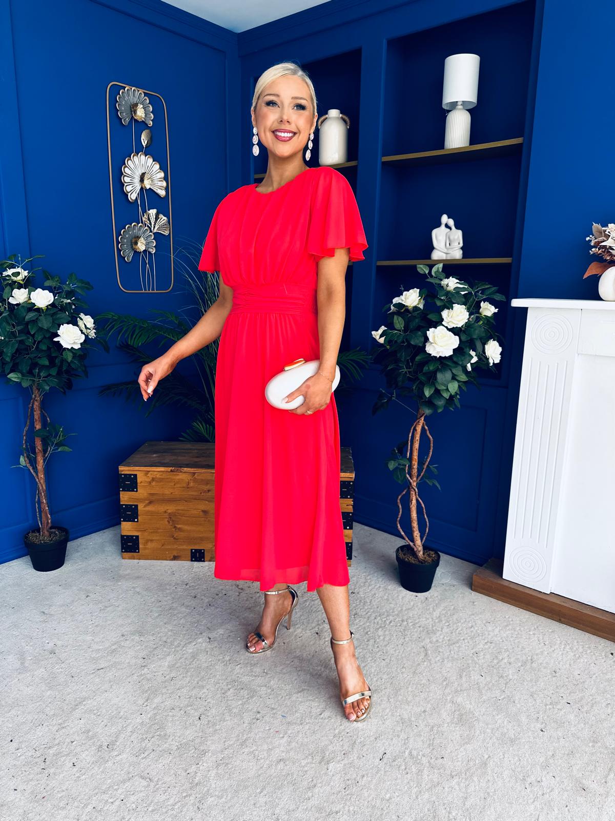 Aoibhinn Gathered Detail Midi Dress Coral