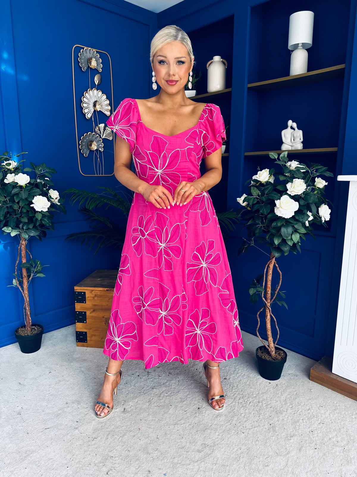Orla Broderie Anglaise Floral Maxi Dress Cerise