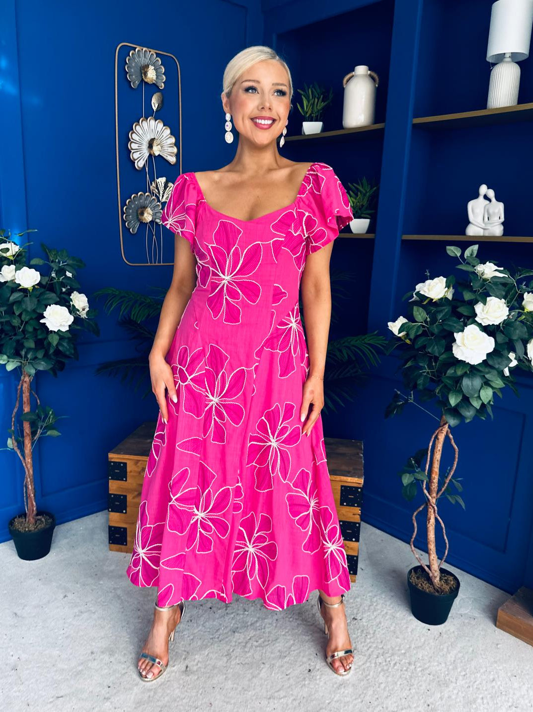 Orla Broderie Anglaise Floral Maxi Dress Cerise