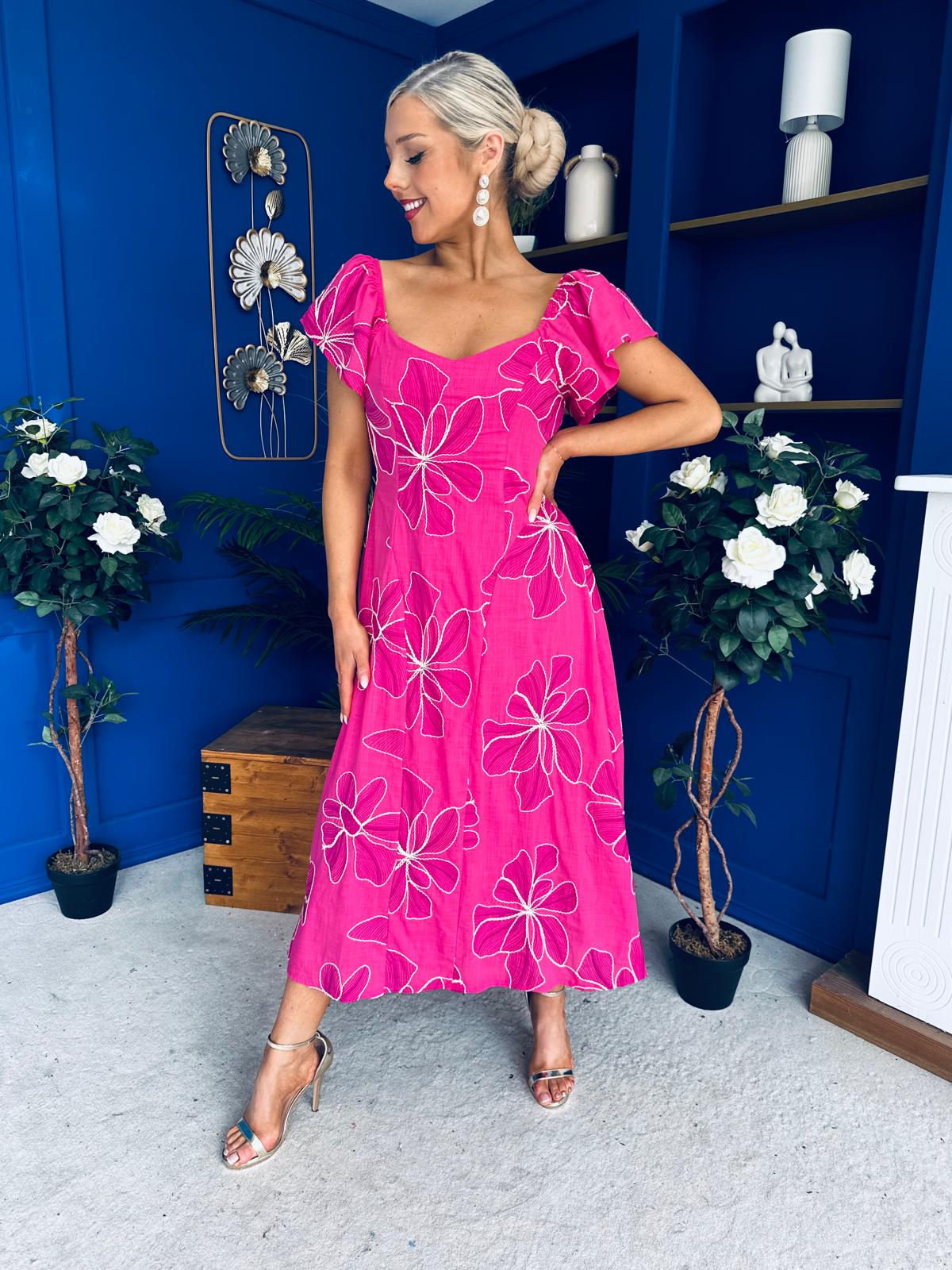 Orla Broderie Anglaise Floral Maxi Dress Cerise