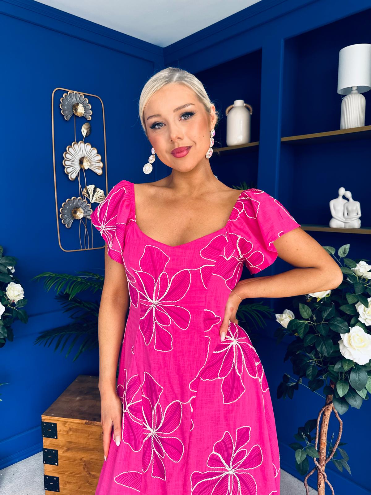 Orla Broderie Anglaise Floral Maxi Dress Cerise