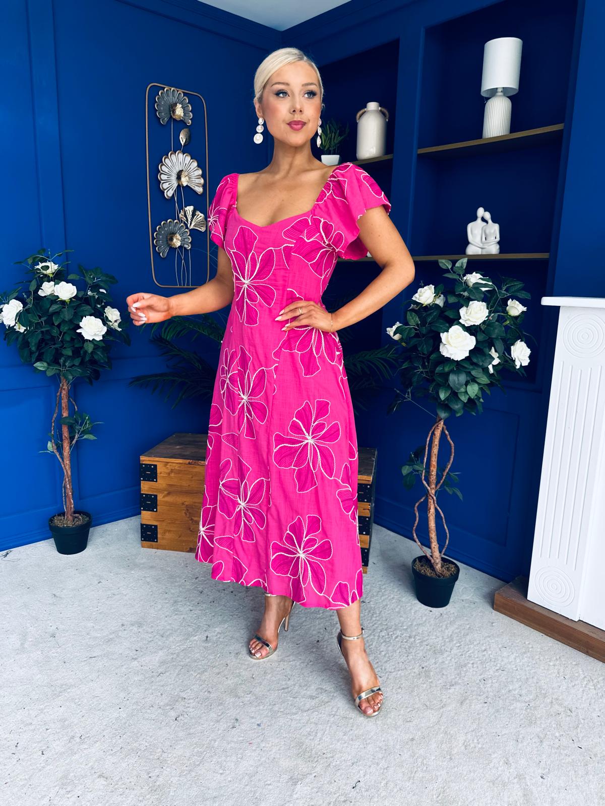Orla Broderie Anglaise Floral Maxi Dress Cerise