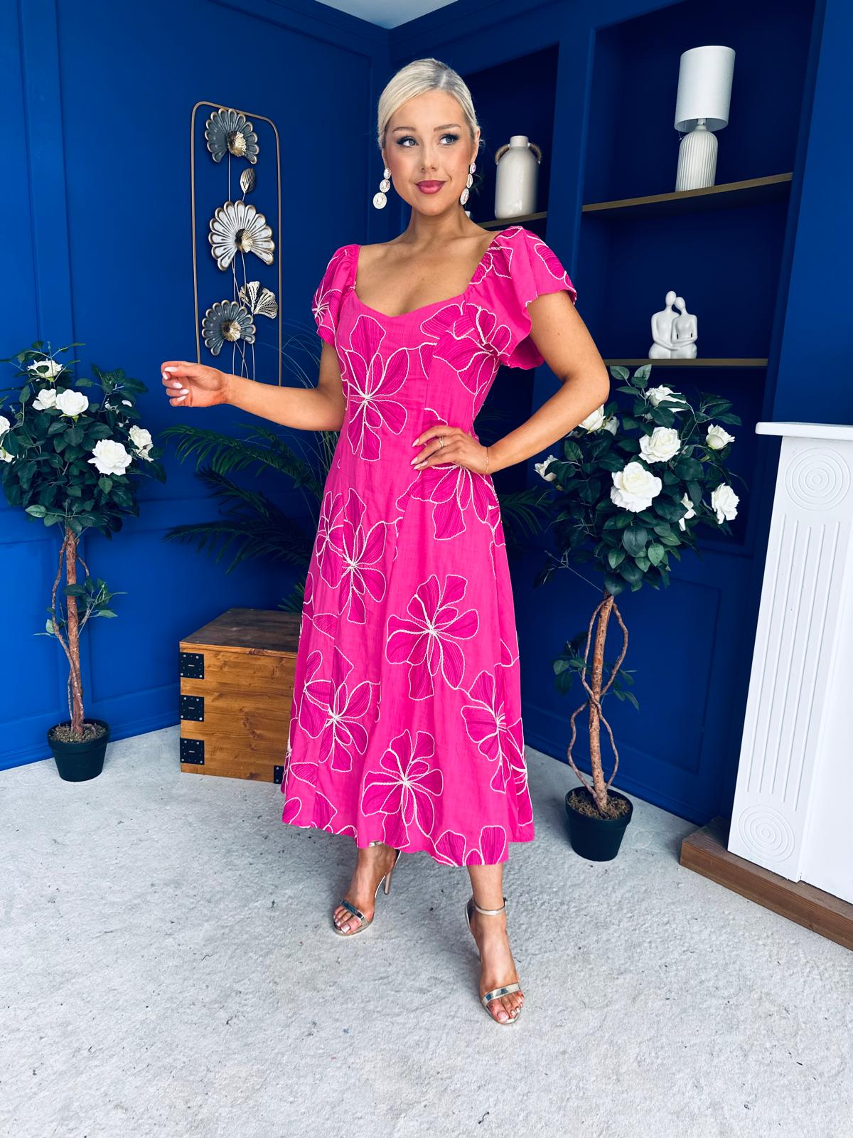 Orla Broderie Anglaise Floral Maxi Dress Cerise