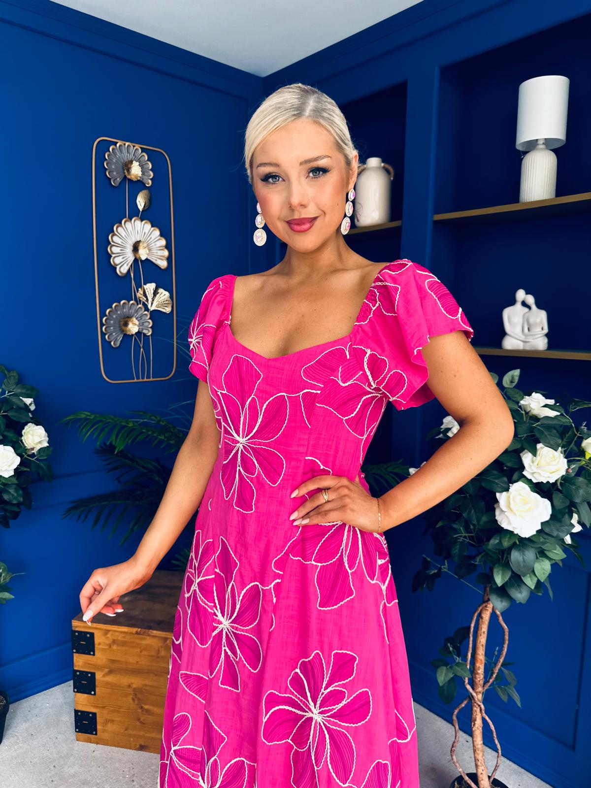 Orla Broderie Anglaise Floral Maxi Dress Cerise