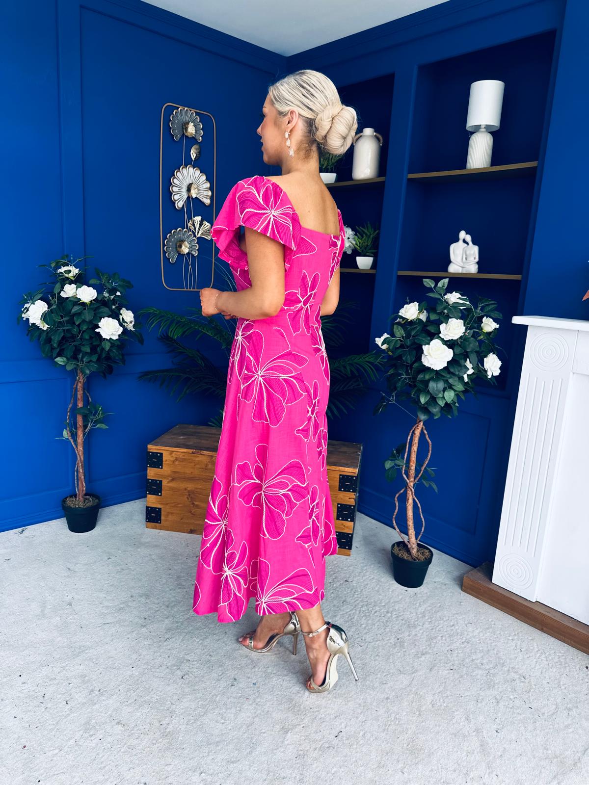 Orla Broderie Anglaise Floral Maxi Dress Cerise