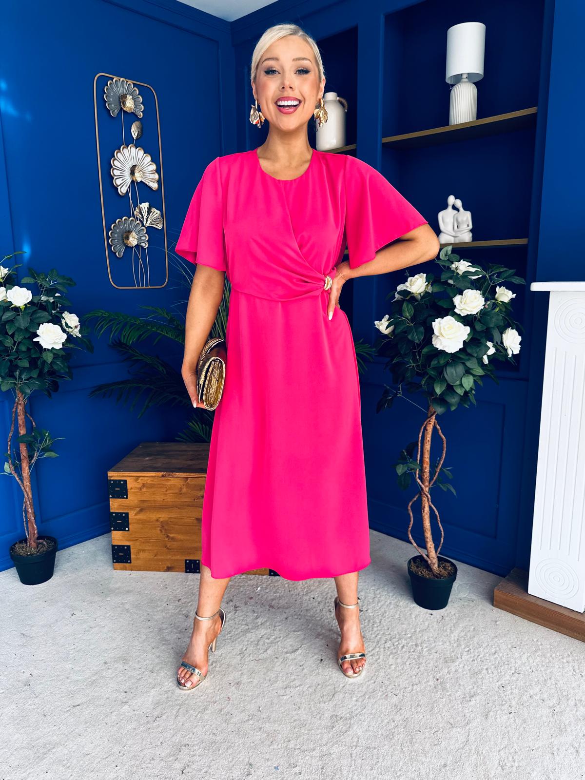Jessica Gold Clasp Detailed Midi Dress Fuchsia