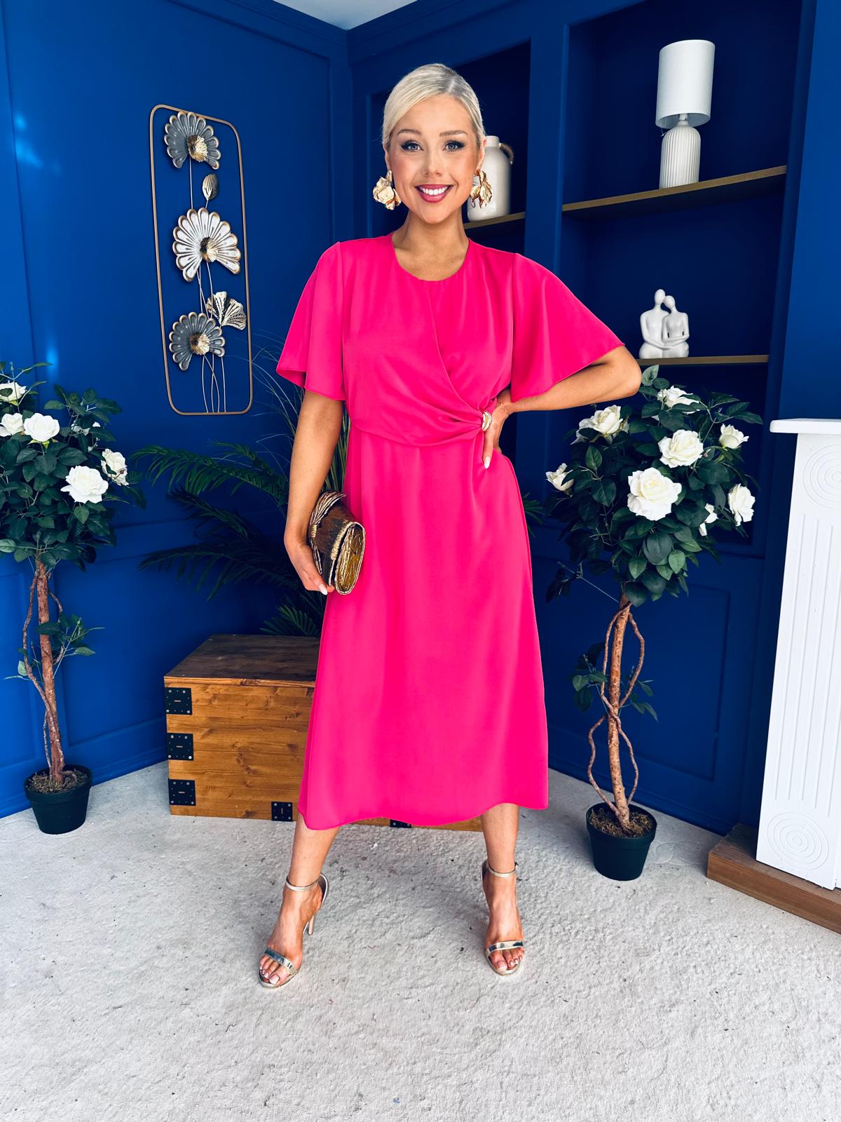Jessica Gold Clasp Detailed Midi Dress Fuchsia
