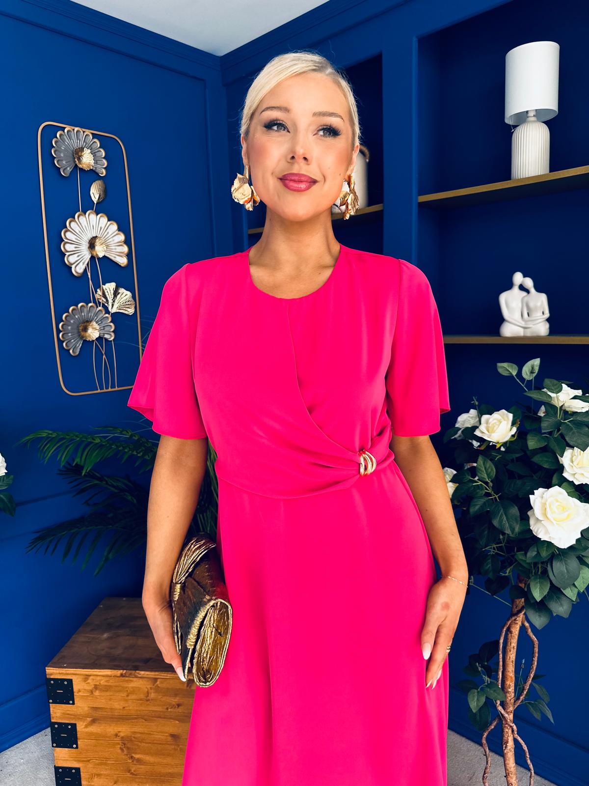 Jessica Gold Clasp Detailed Midi Dress Fuchsia