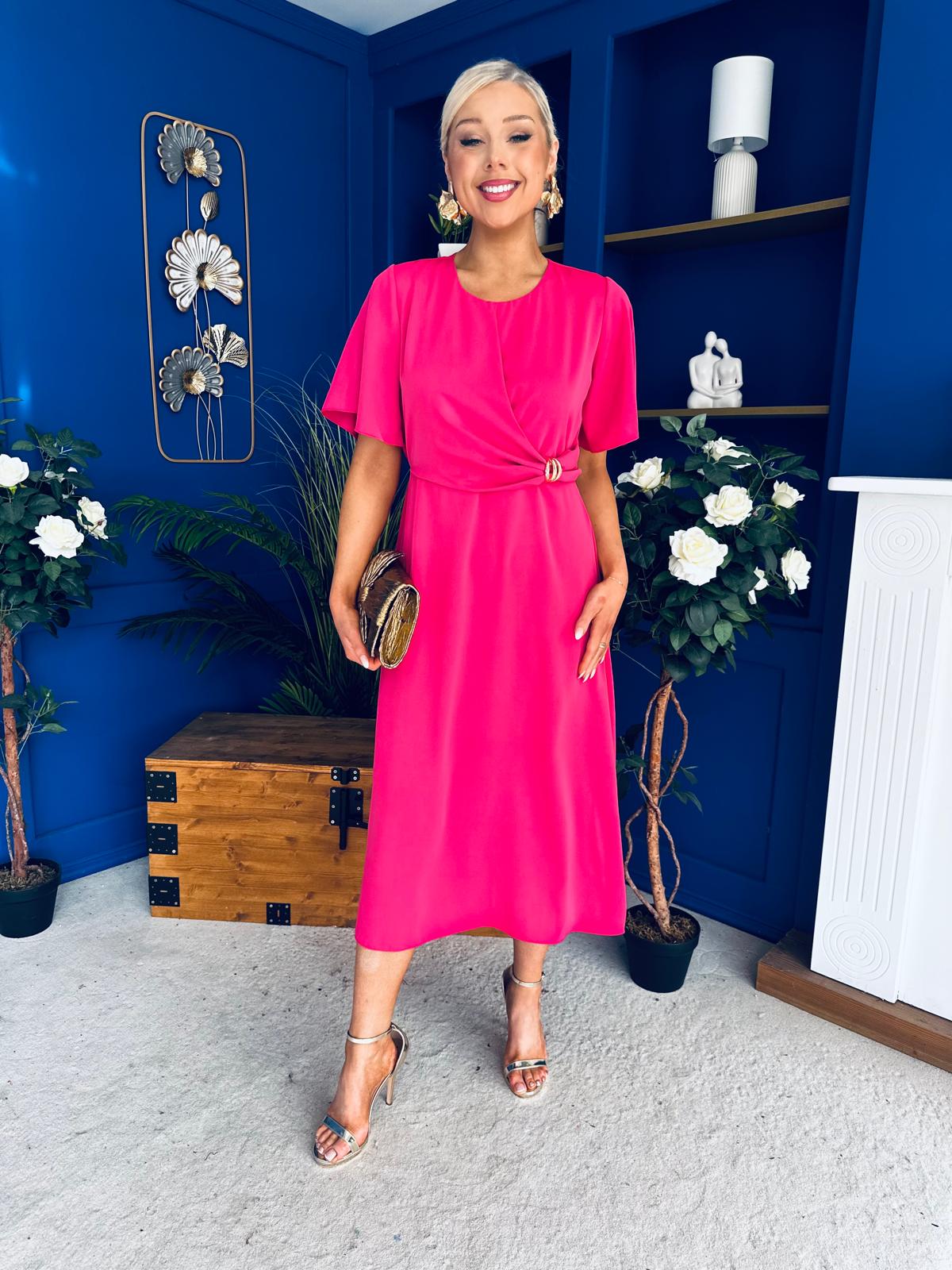 Jessica Gold Clasp Detailed Midi Dress Fuchsia